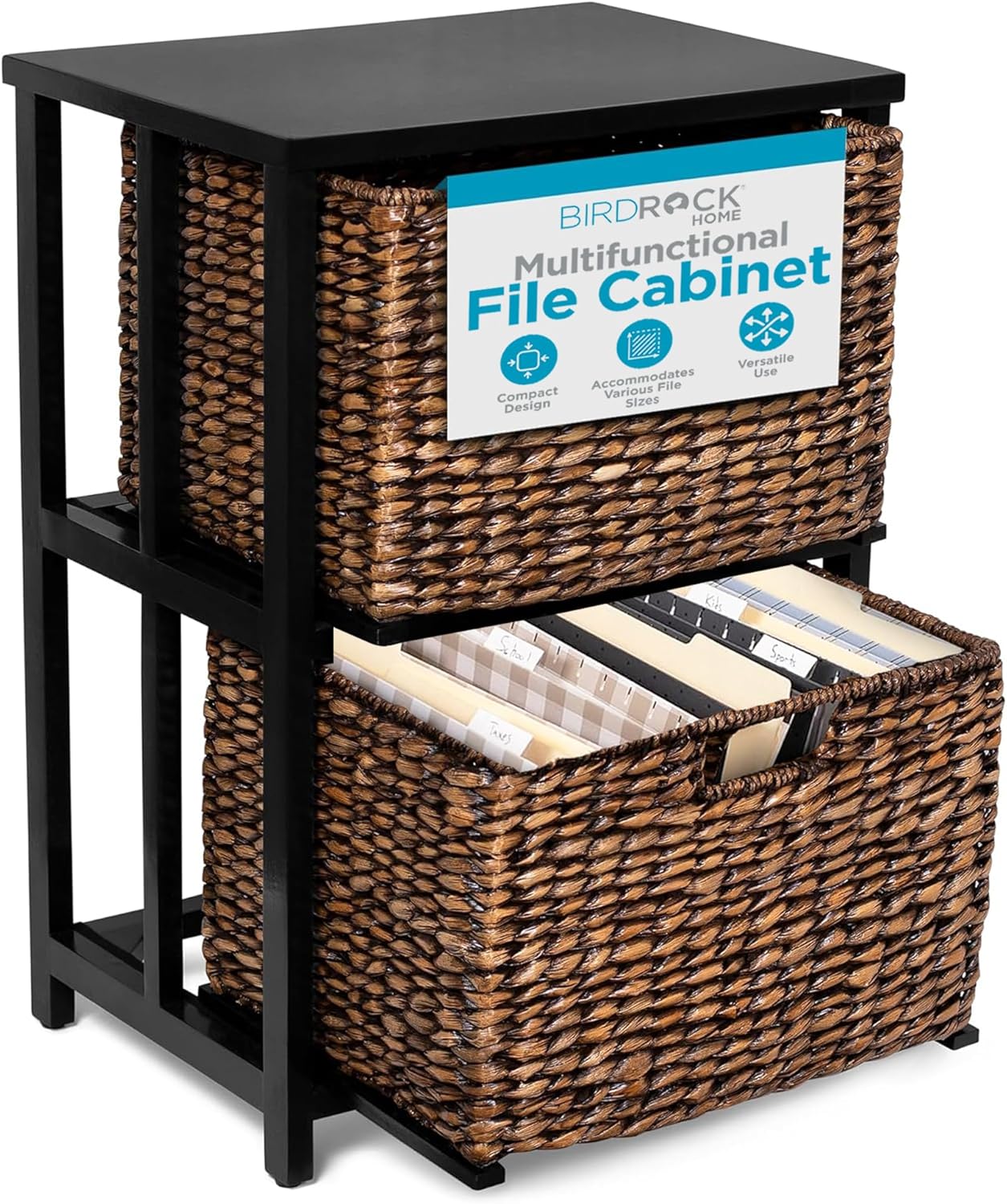 BIRDROCK HOME 2 Tiered File Cubby w/Wood Top - File Cabinet, Home Office Storage, Nightstand, Decorative Wooden Organizer | Desk, Modern Table, Shelves, Side Table, Craft Furniture - Brown Wash