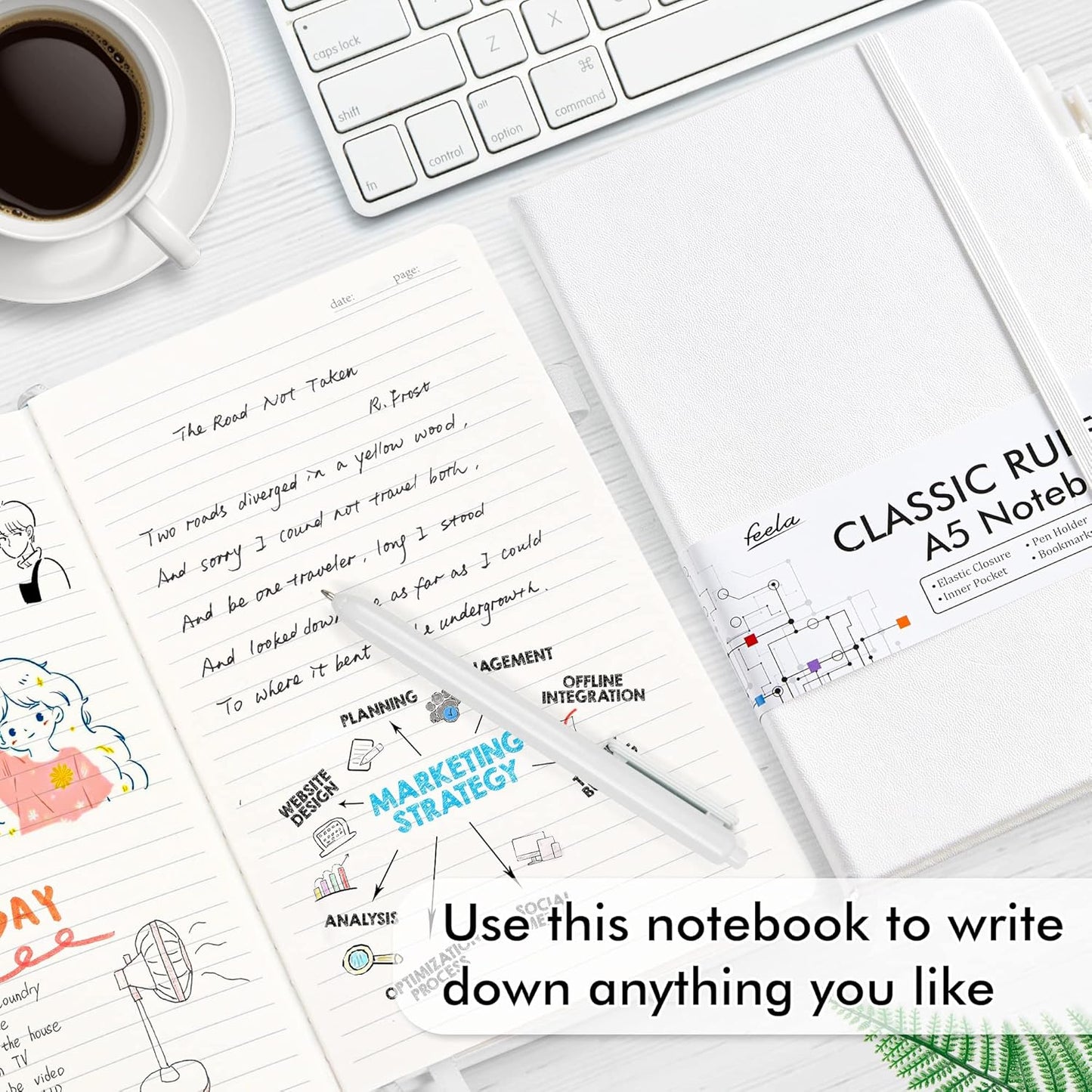 feela 12 Pack Notebooks Journals Bulk, Hardcover Notebook Classic Ruled Lined Journals with Pen Holder for Women Girls School Business Supplies, with 12 Black Pens, 120 GSM, 5.1”x8.3”, A5, White