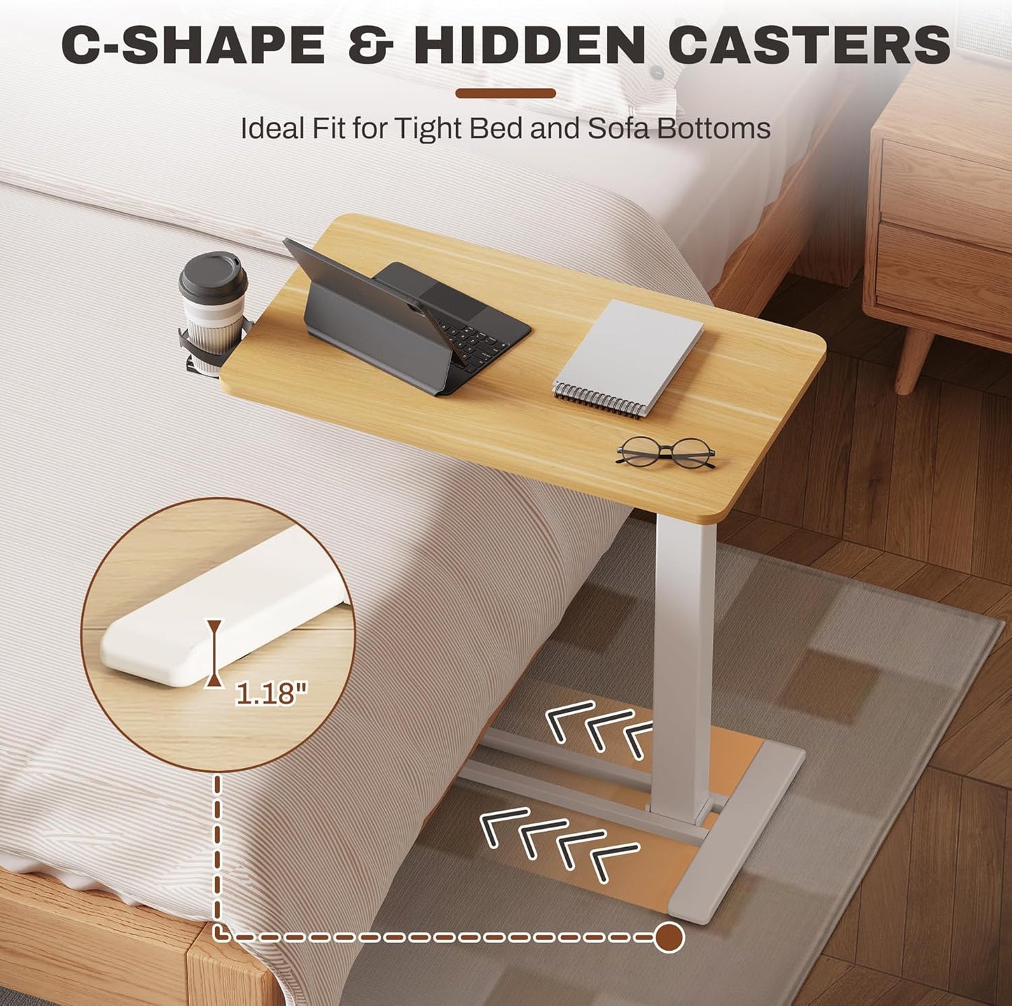 FLEXISPOT Mobile Standing Desk with Wheels Pneumatic Laptop Table Rolling Computer Cart Movable Height Adjustable Small Sit Stand Desk Computer Workstations Home Use(27.6" W x 15.7" D, Maple)