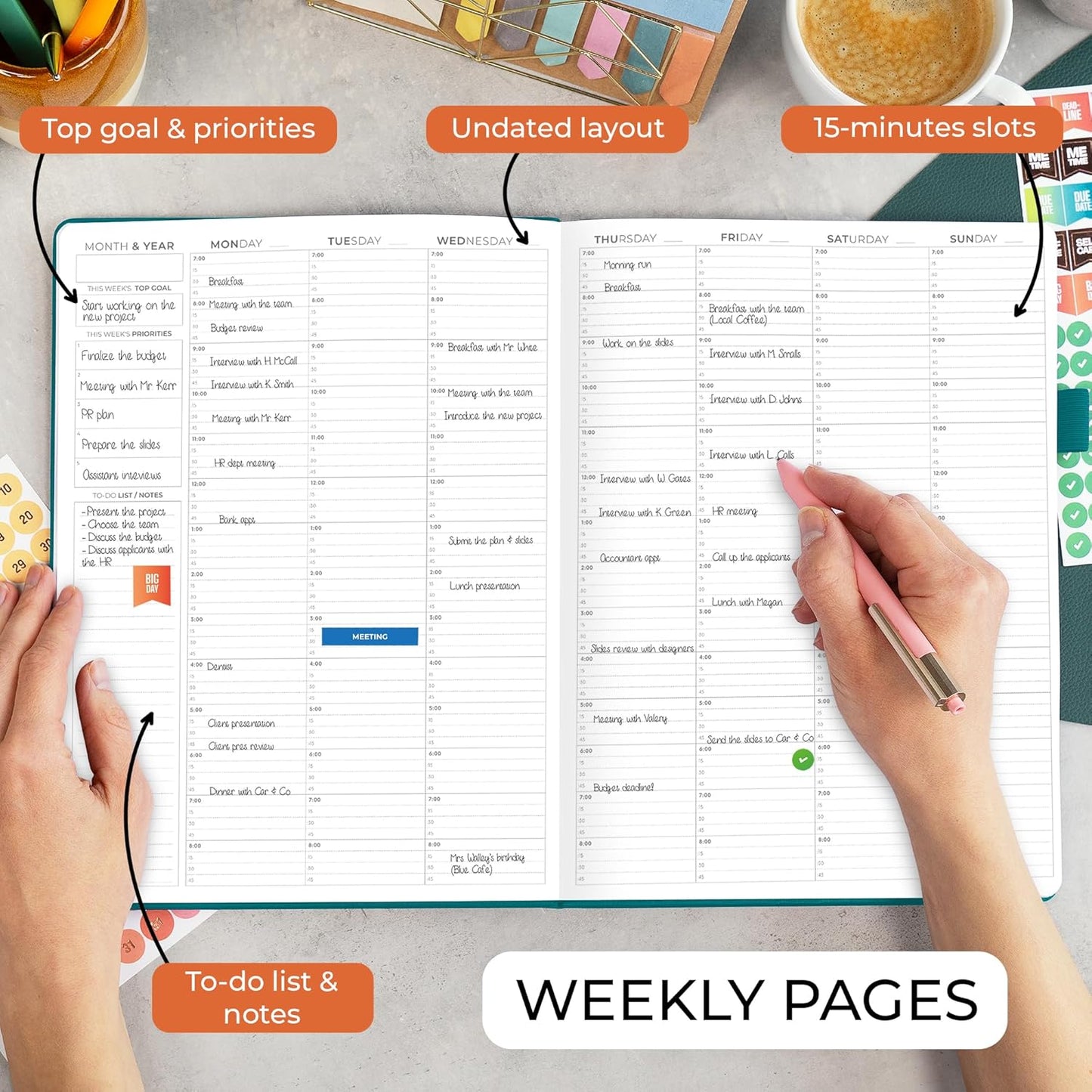 Clever Fox Appointment Book – Hourly Schedule Planner with 15-Minute Increments – Time Box Planner for Daily Work & To-Dos – Weekly & Monthly Spreads, Undated, Hardcover, 8.3x11″ (Dark Teal)
