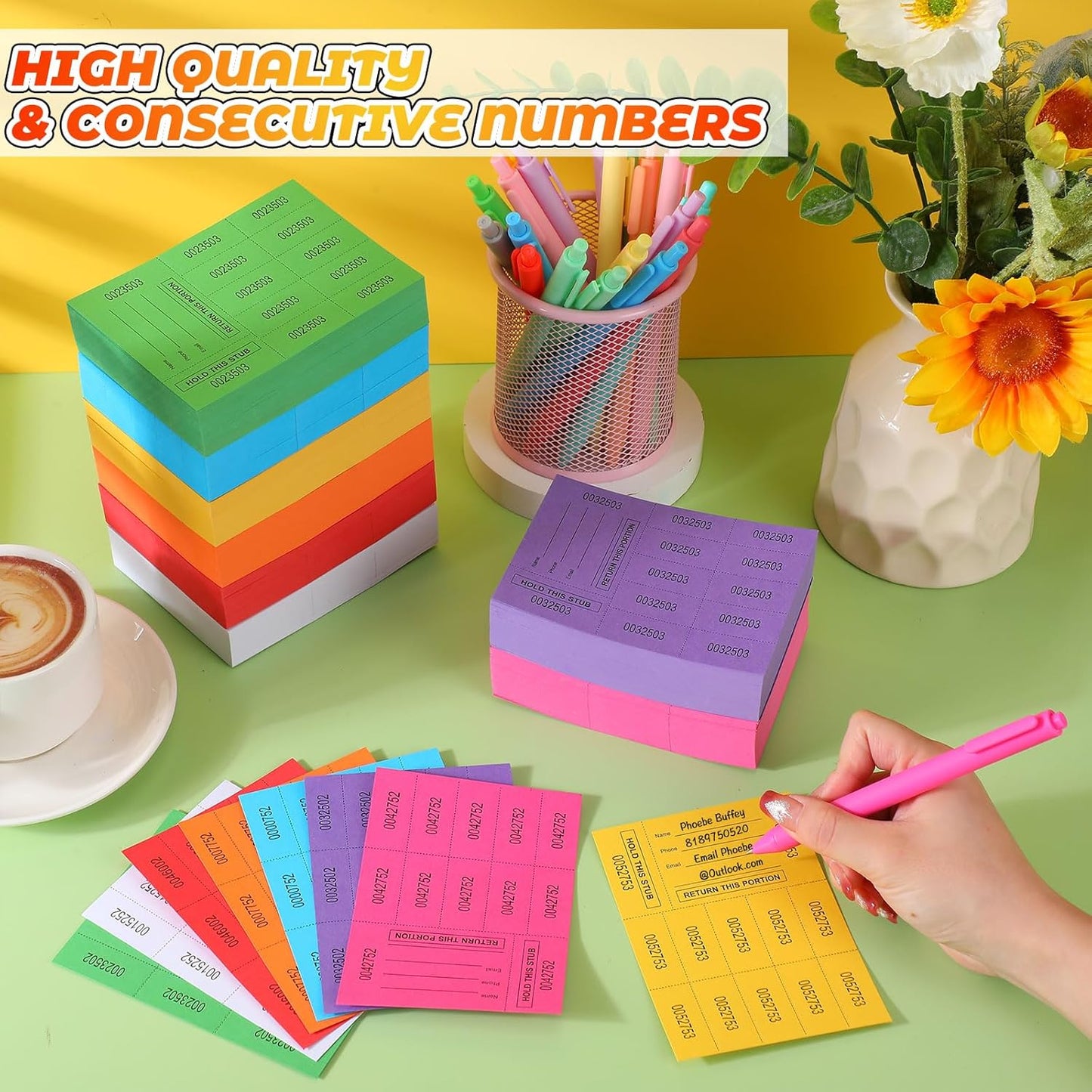 Kosiz 1000 Sheet 10 Bid Raffle Tickets Chinese Auction Tickets Sheets Auction Fundraiser Ticket Numbered with Name and Phone Number Per Sheet Raffle Tags for Silent Bidding (Multicolor)