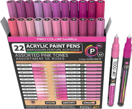 Acrylic Paint Pens 22 Pink Tones Assorted Pro Color Series Markers Set 0.7mm Extra Fine Tip for Rock Painting, Glass, Mugs, Wood, Metal, Canvas, Projects, Non Toxic, Waterbased, Quick Drying
