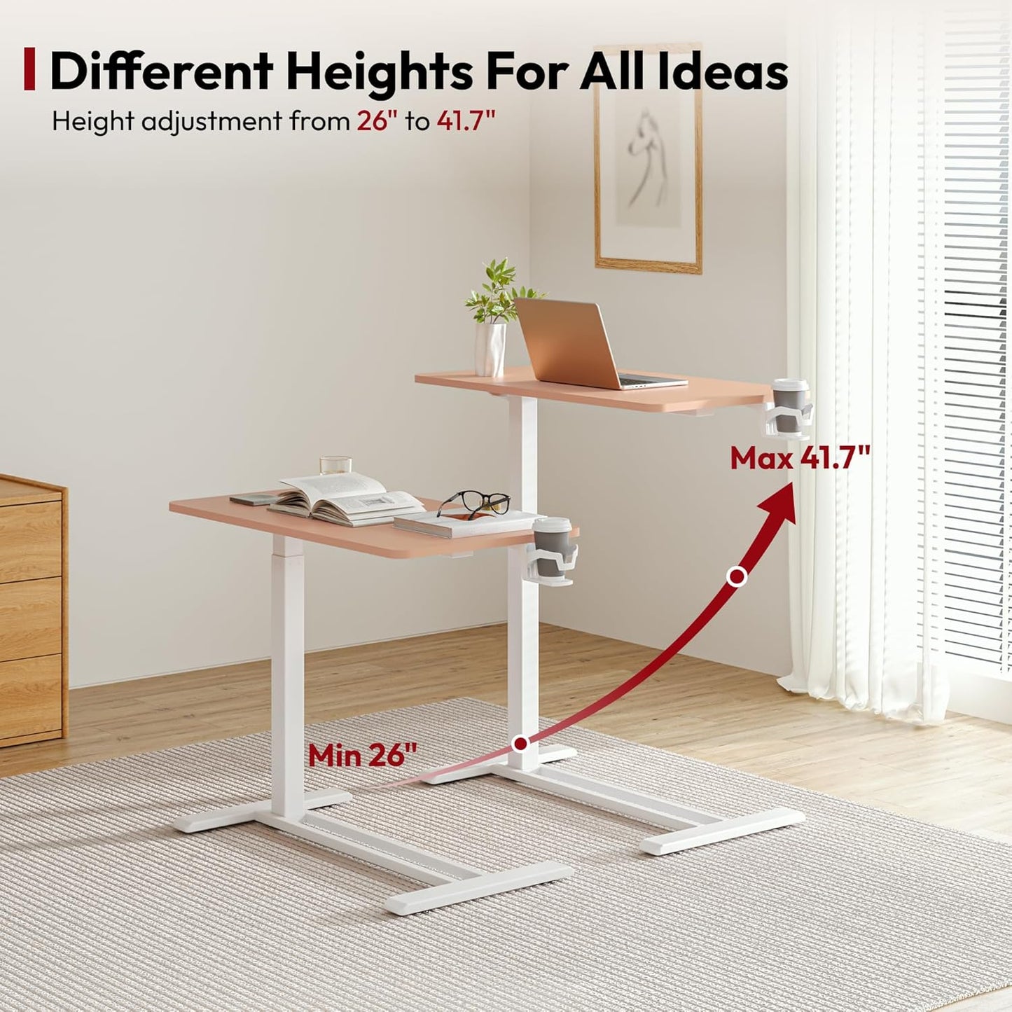 SANODESK Mobile Standing Desk with Hidden Wheels,Pneumatic Laptop Desk Rolling Computer Cart Movable Height Adjustable Small Sit Stand Desk for Home Office(27.6" W x 15.7" D, Pink)