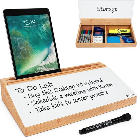 Bamboo Desktop Whiteboard with Storage - This Deskbuddy can be Used as a Desktop Dry Erase Board | Desk Buddy White Board | Bamboo Desk Organizer - PriZoi