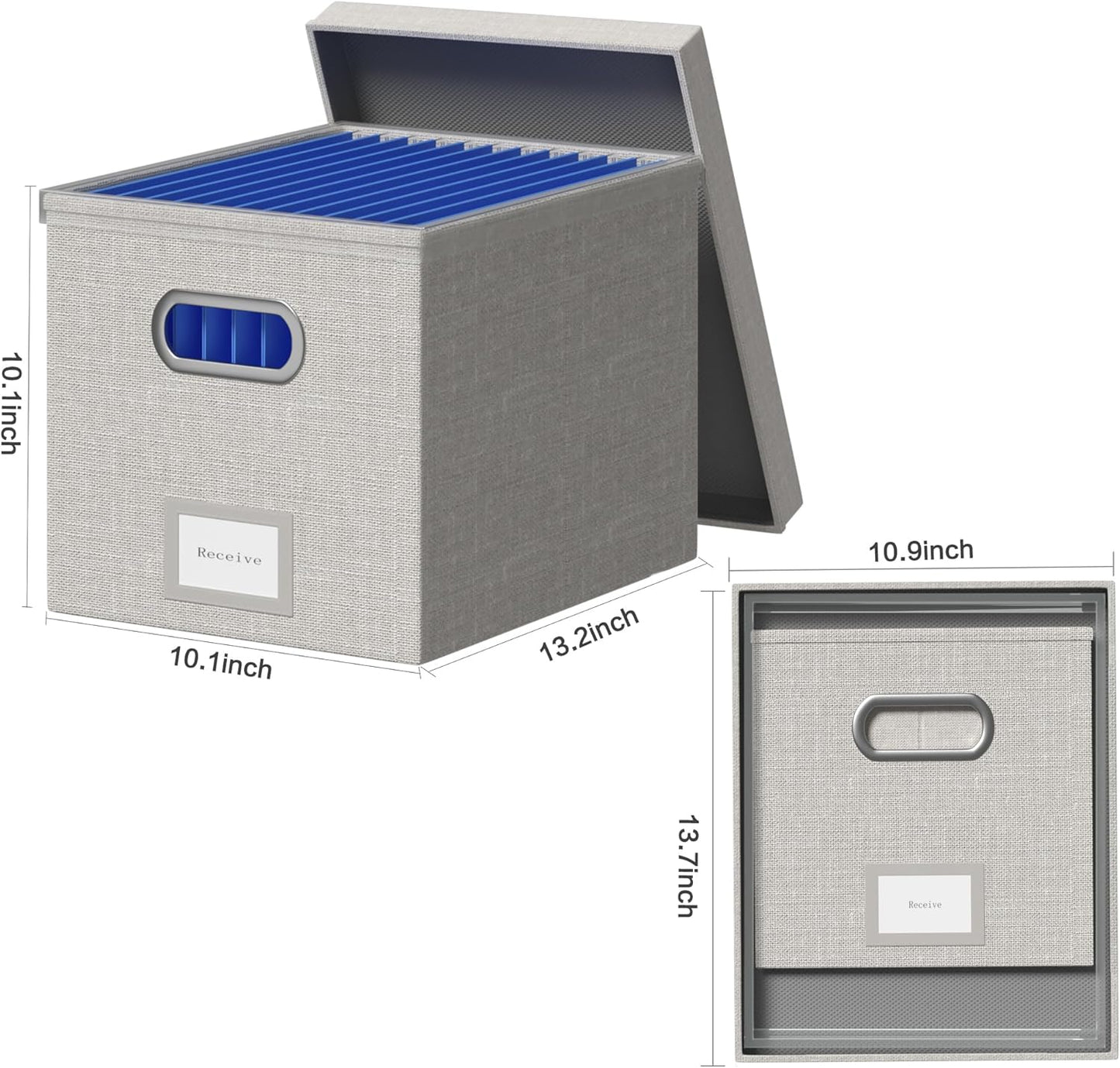 File Organizer Box - File Boxes for Hanging Files with Lid Set of 2 Decorative Hanging Folders Organizer Letter Size with One-Piece Plastic Frame Slides (Light Grey, 13.2*10.1*10.1in(2Pack))