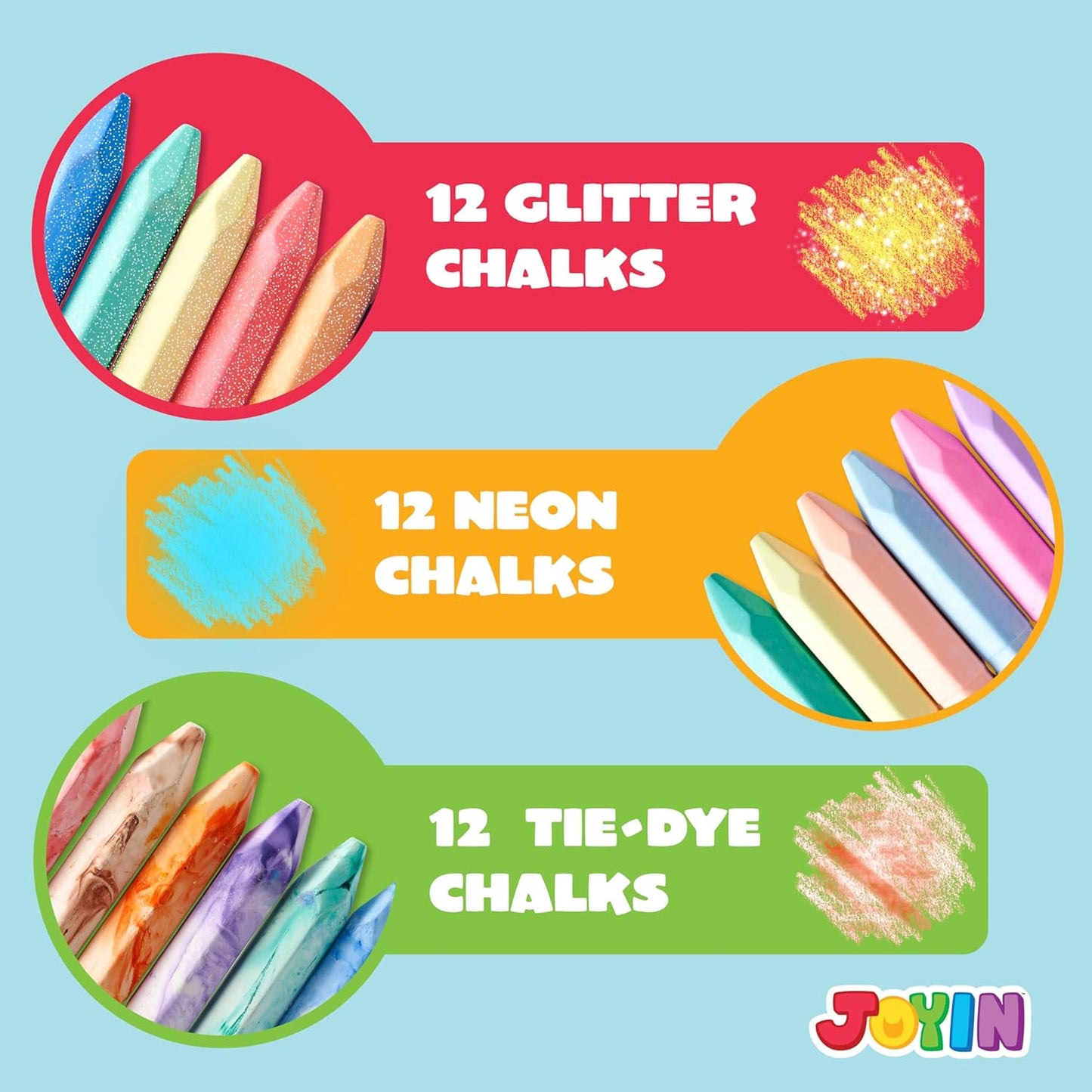 JOYIN 36 PCS Washable Sidewalk Chalks Set in 6 Packs, 18 Colors, Including 12 Tie Dye, 12 Glitter & 12 Neon Color Outdoor Chalks for Painting, Drawing, Gifts for Kids