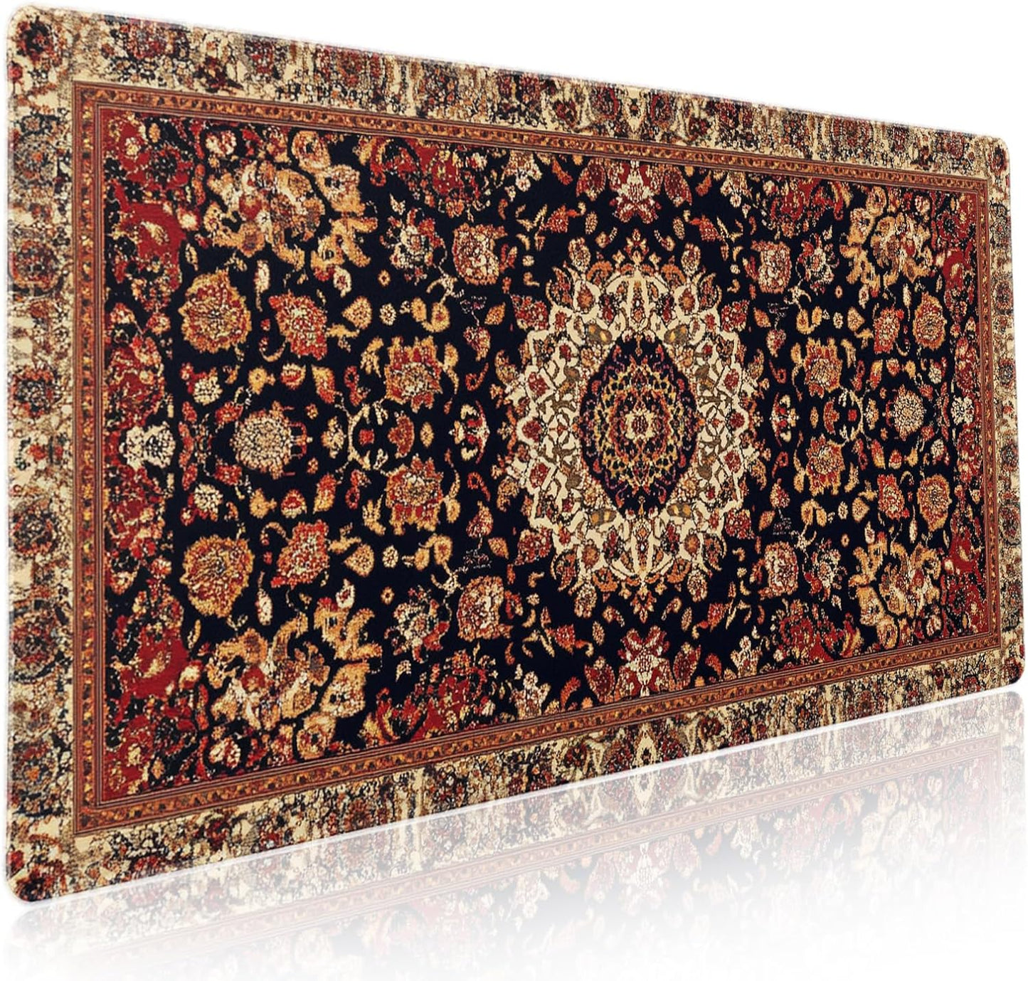 Vintage Rug Gaming Mouse Pad XXL Dark Brown Retro Carpet Aesthetic Extended Large Mat Mousepad Desk Pad Non-Slip Rubber Base Stitched Edge Flower Keyboard Pad Playmat for Computer,35.4×15.7 Inch