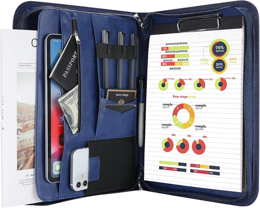 ProCase Portfolio Business Padfolio Folder with Zipper, Conference Meeting Executive File Legal Document Organizer with Pockets Letter Size A4 Writing Pad Notepad Padfolio -Navy