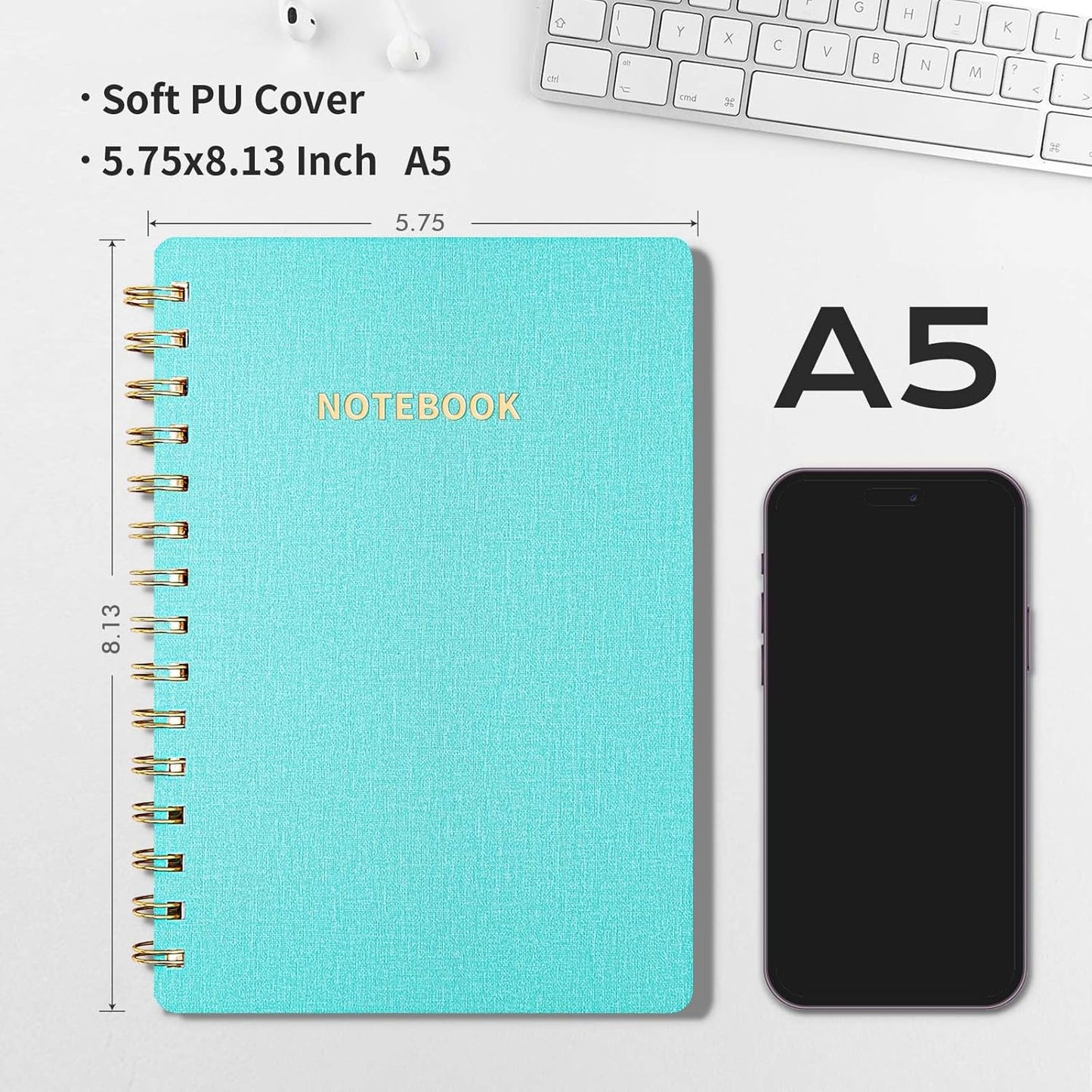 Lined Spiral Notebook College Ruled A5 Journal Book for Note Taking, 160 Pages Writing Journal for Office and Home School Supplies 5.75x8.125 inch (1-MintGreen)