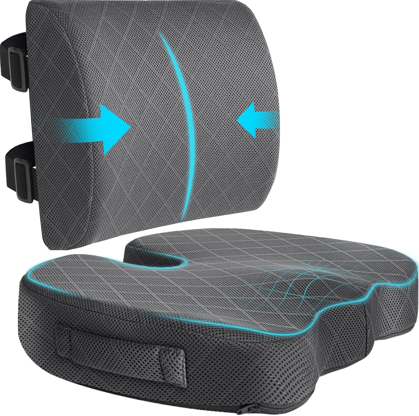 TushGuard Office Chair Cushions with Handles, Back&Seat Cushion, Sciatica & Back Coccyx Tailbone Discomfort Easing Chair Pad, Memory Foam Lumbar Support Pillow for Gaming, Desk, Wheelchair, Car(Grey)