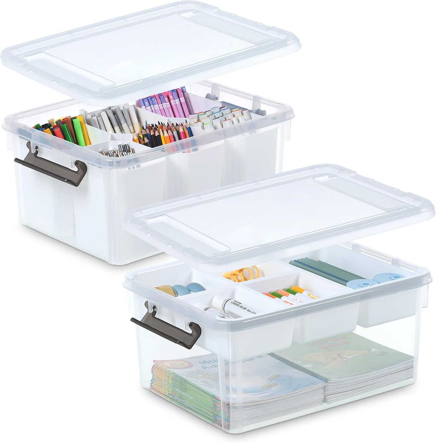 Citylife 17 QT Plastic Storage Box with Removable Tray and 6 Detachable Tall Inserts Craft Organizers and Storage Clear Storage Container for Organizing Crayon, Craft, Sewing, Playdoh, 2 Packs
