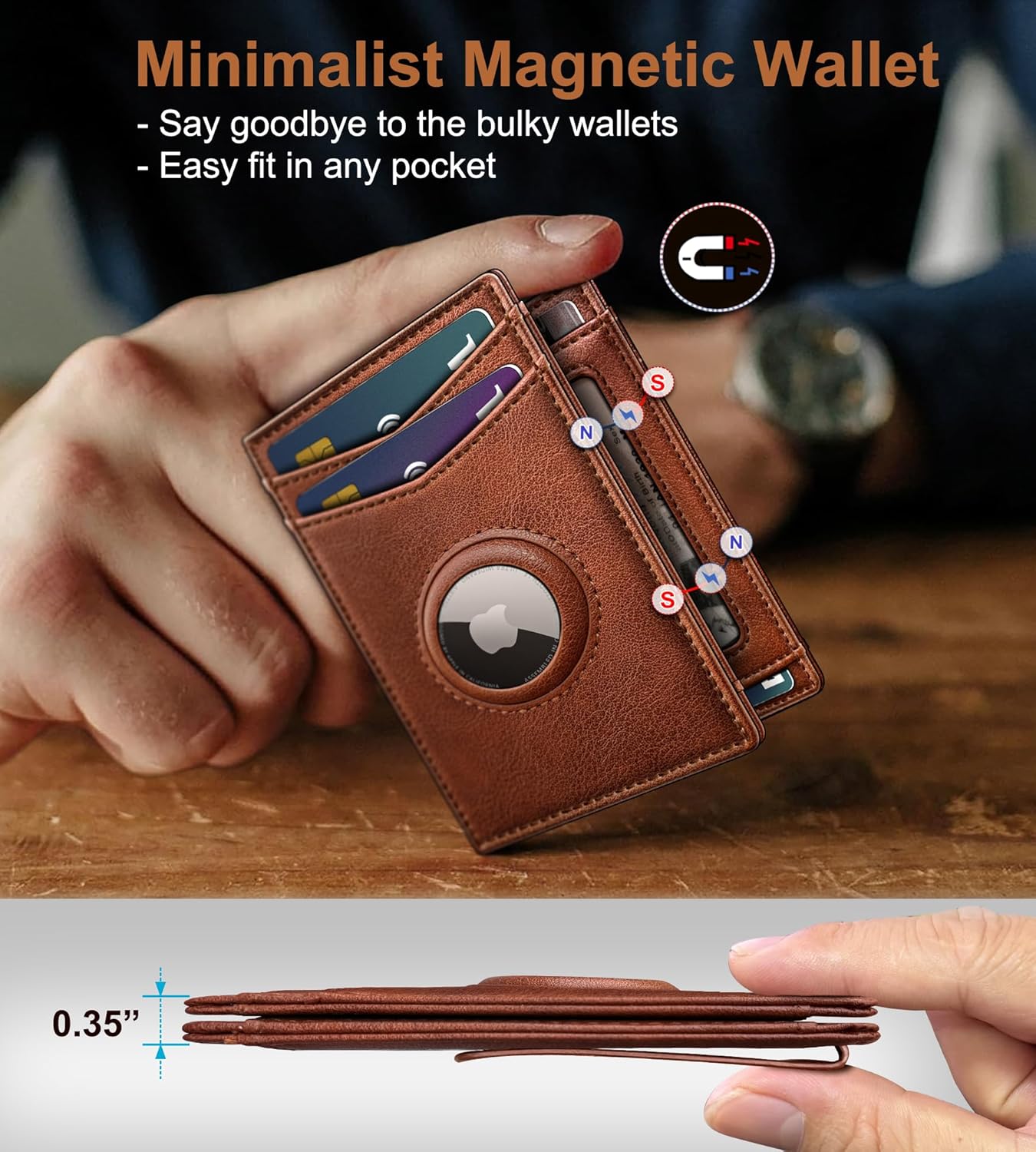 Airtag Wallet for Men- with Money Clip Gift Boxed, Magnetic Closure Slim Genuine Leather Front Pocket Wallet, 4.1"x 2.8", RFID Blocking