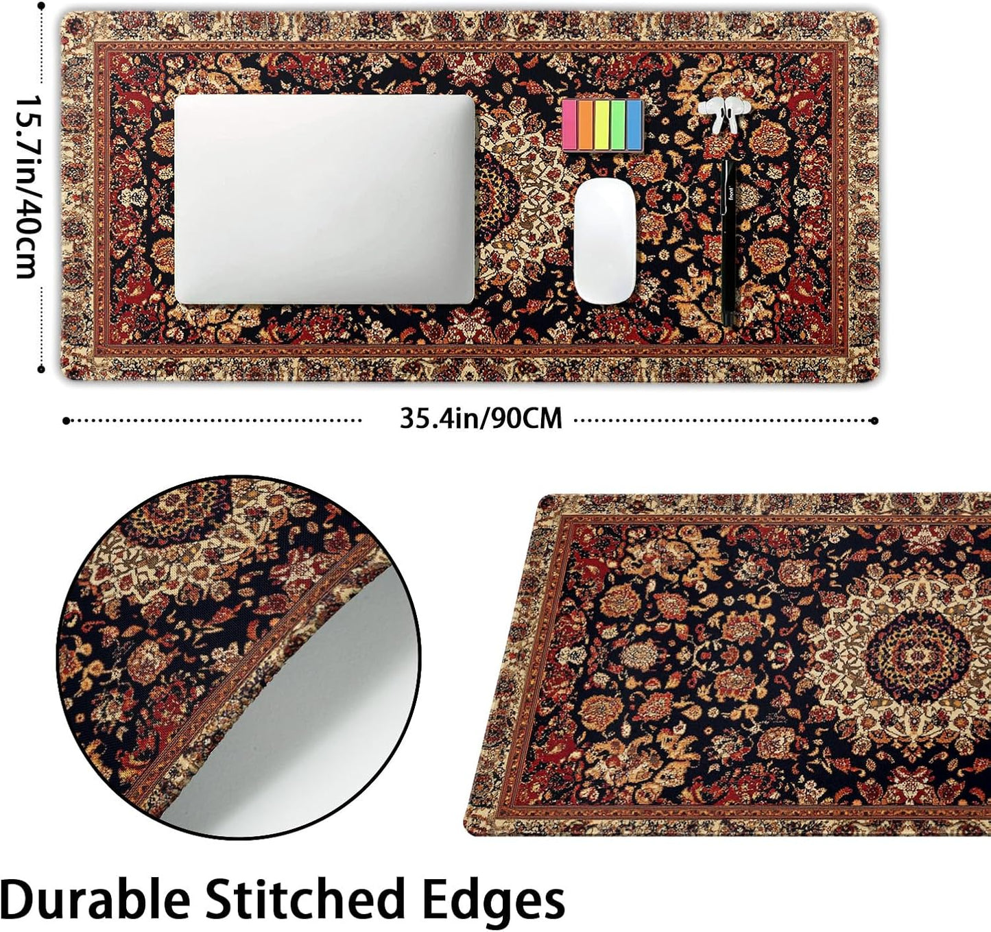 Vintage Rug Gaming Mouse Pad XXL Dark Brown Retro Carpet Aesthetic Extended Large Mat Mousepad Desk Pad Non-Slip Rubber Base Stitched Edge Flower Keyboard Pad Playmat for Computer,35.4×15.7 Inch