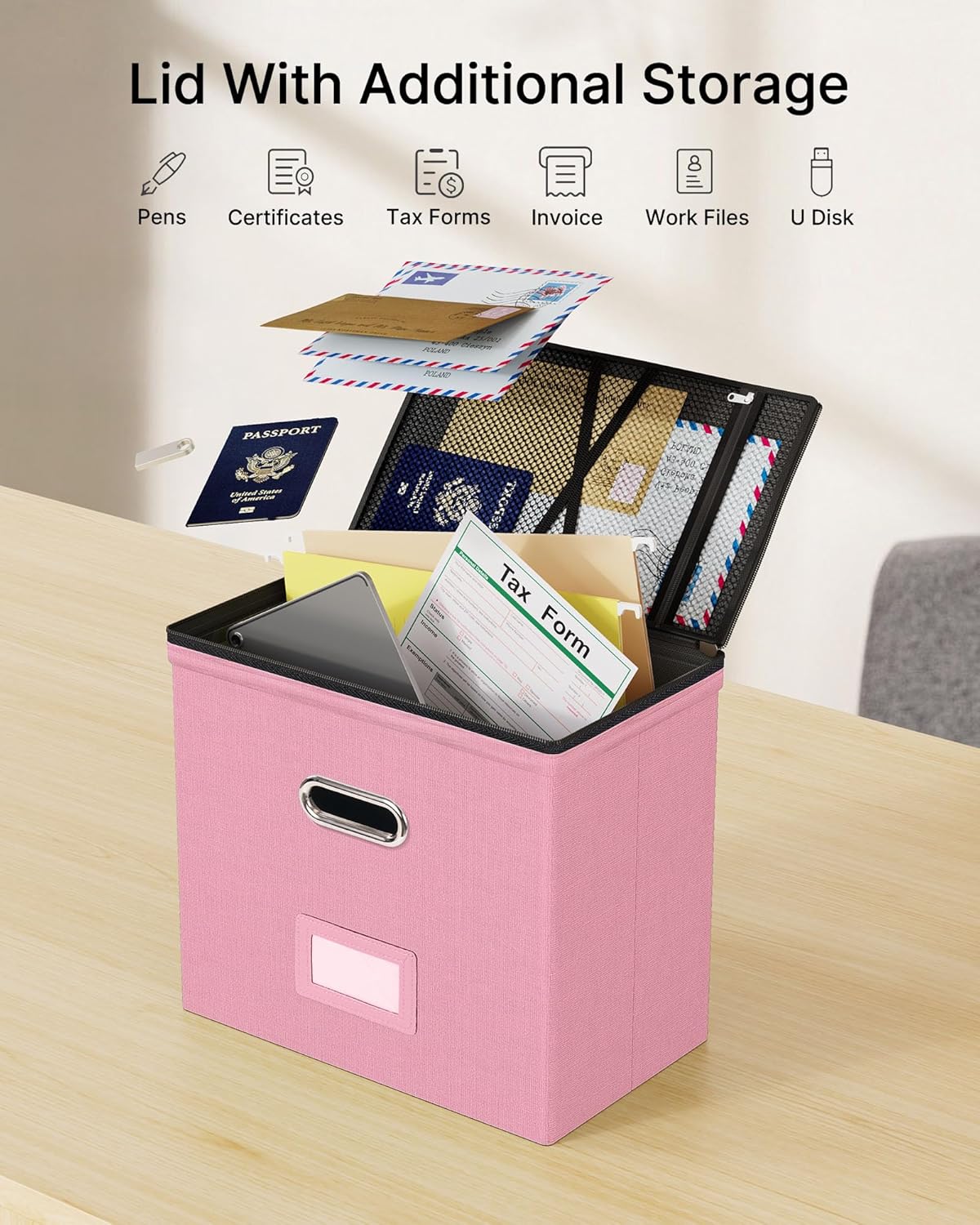 Oterri File Organizer Boxes with Lids, File Box with Mesh Pockets, Document Organizer Box for Letter Size Folders, Zippers Important Document Organizer (Pink, Small-2 Pack Without Folders)