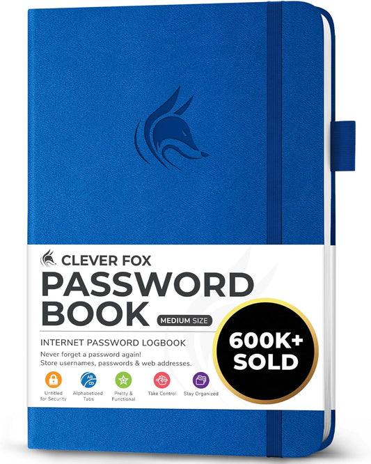 Clever Fox Password Book with alphabetical tabs. Internet Address Organizer Logbook. Medium Password Keeper for Website Logins (Royal Blue)