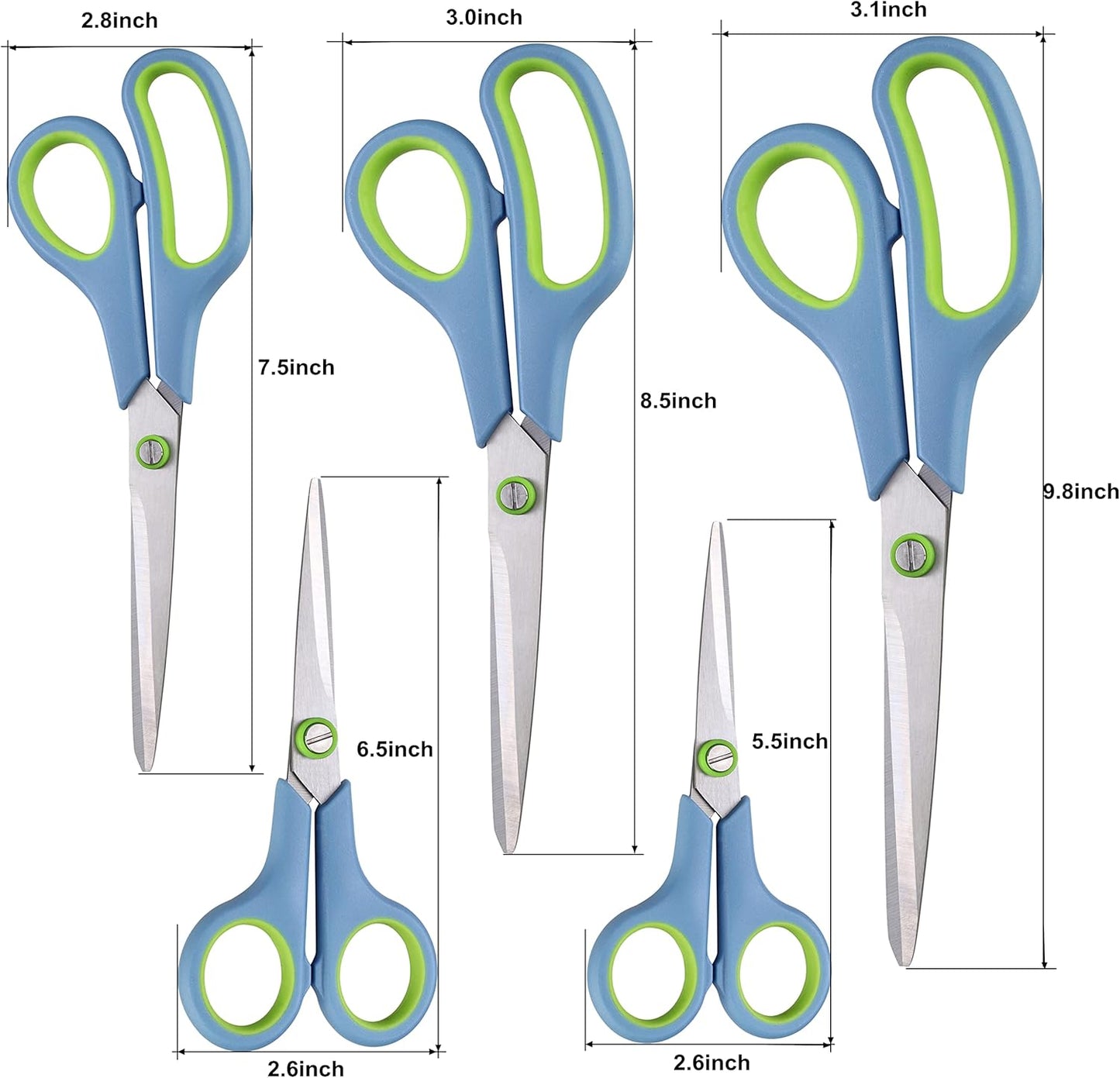 Scissors All Purpose,Scissors Set of 5,Premium Stainless Steel Sharp Blades Soft Comfort-Grip Handles Suitable for School,Office Supplies and Family Daily Use