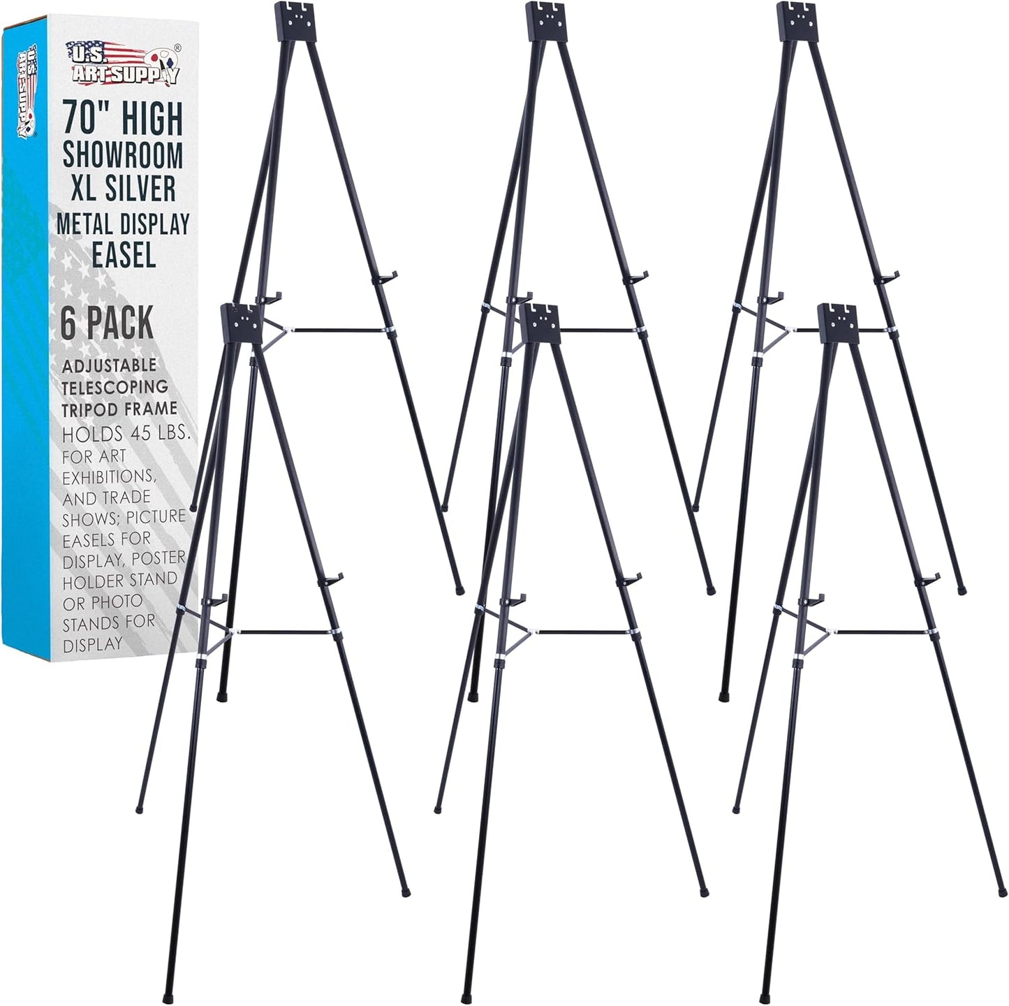 U.S. Art Supply 70" High Showroom XL Silver Metal Display Easel (6 Pack) - Large Adjustable Height Portable Easel Stand, Sign Display, Holds 45 lbs - Floor & Tabletop Easels, Painting Stand