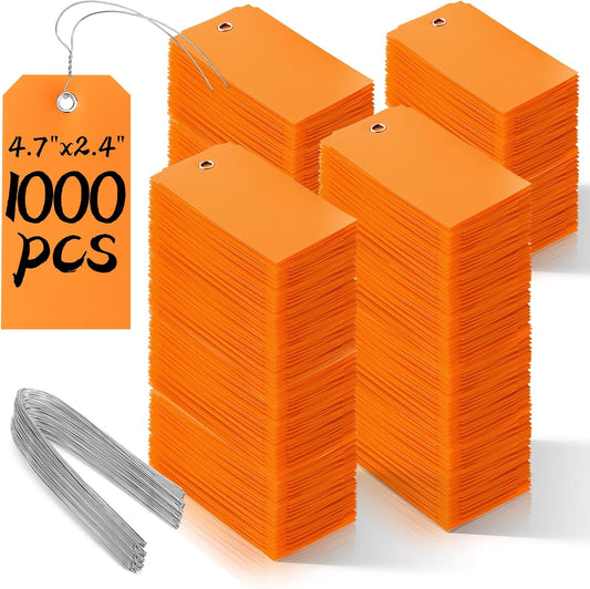 1000 Pieces Plastic Shipping Tags with Wire Labeling Tags Waterproof Hang Tags with Reinforcement Hole Writable Luggage tag Loops for Equipment Inventory Parts Garage (Orange, 4 3/4" x 2 3/8")