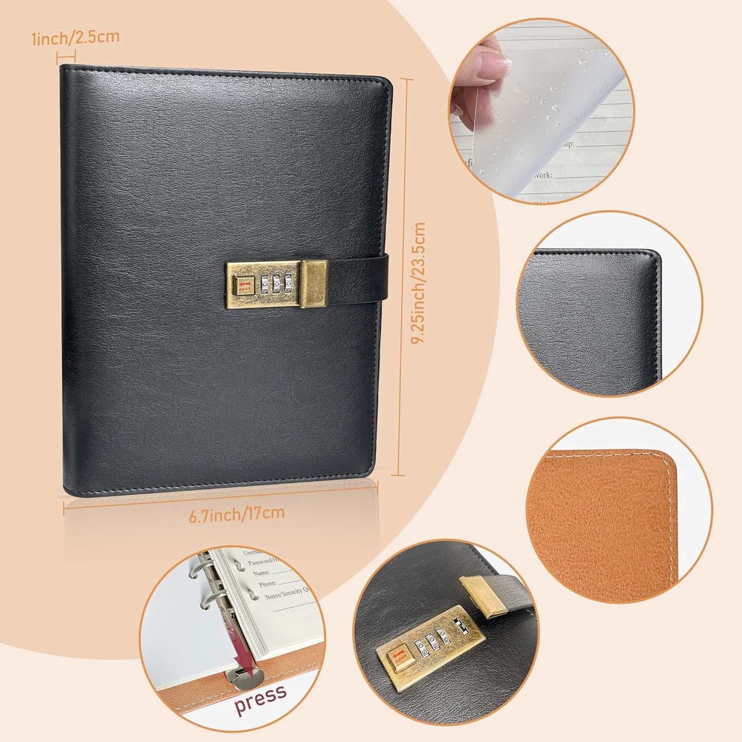 BTSFTOGET Lockable Password Book with Alphabetical Tabs, 302 Pages Vintage Black PU Hardcover Internet Address & Password Organizer Logbook, A5 Refillable Pages Large Print 576 Entries, for Seniors