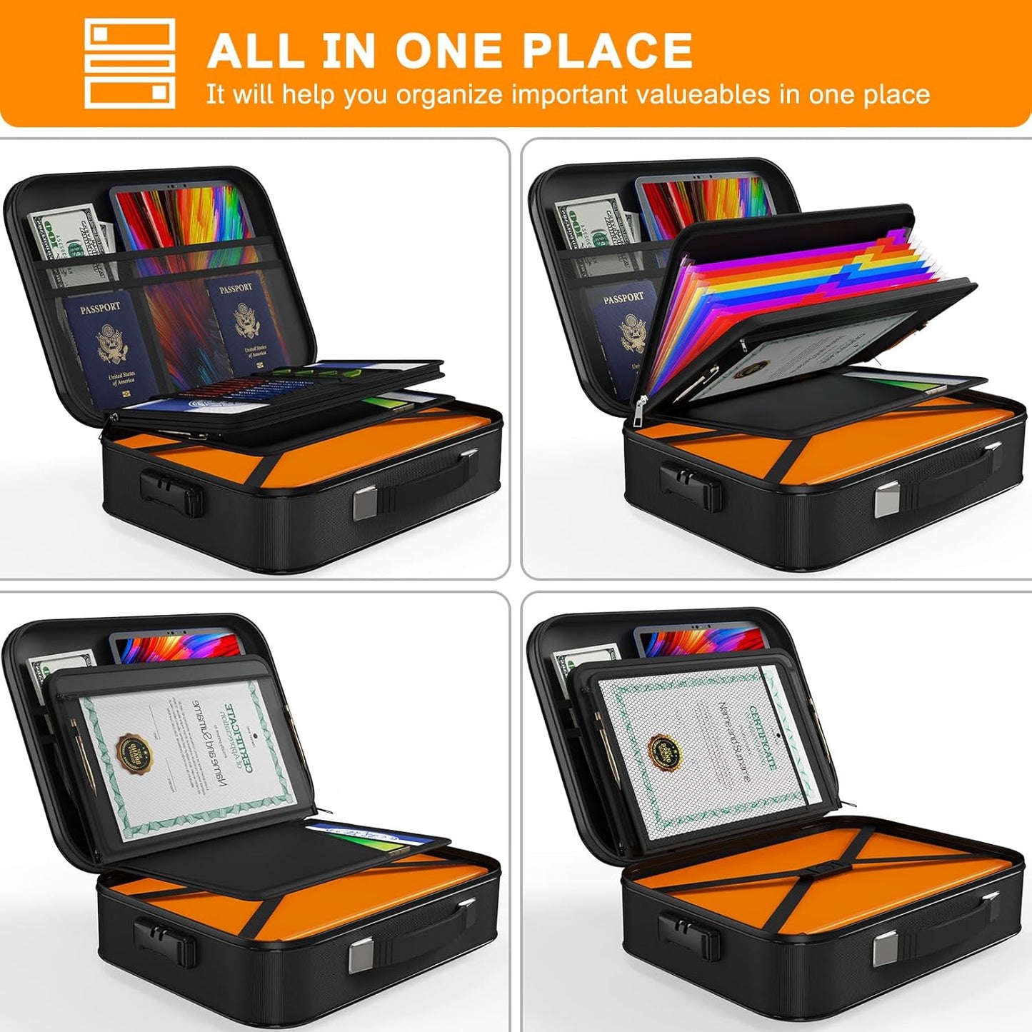 JUNDUN Fireproof Document Box,Hard Case Fireproof Document Organizer with Lock，Home Travel Portable Fireproof Safe Storage Box for Letter Size Documents,files,Papers and Passport,Colourful