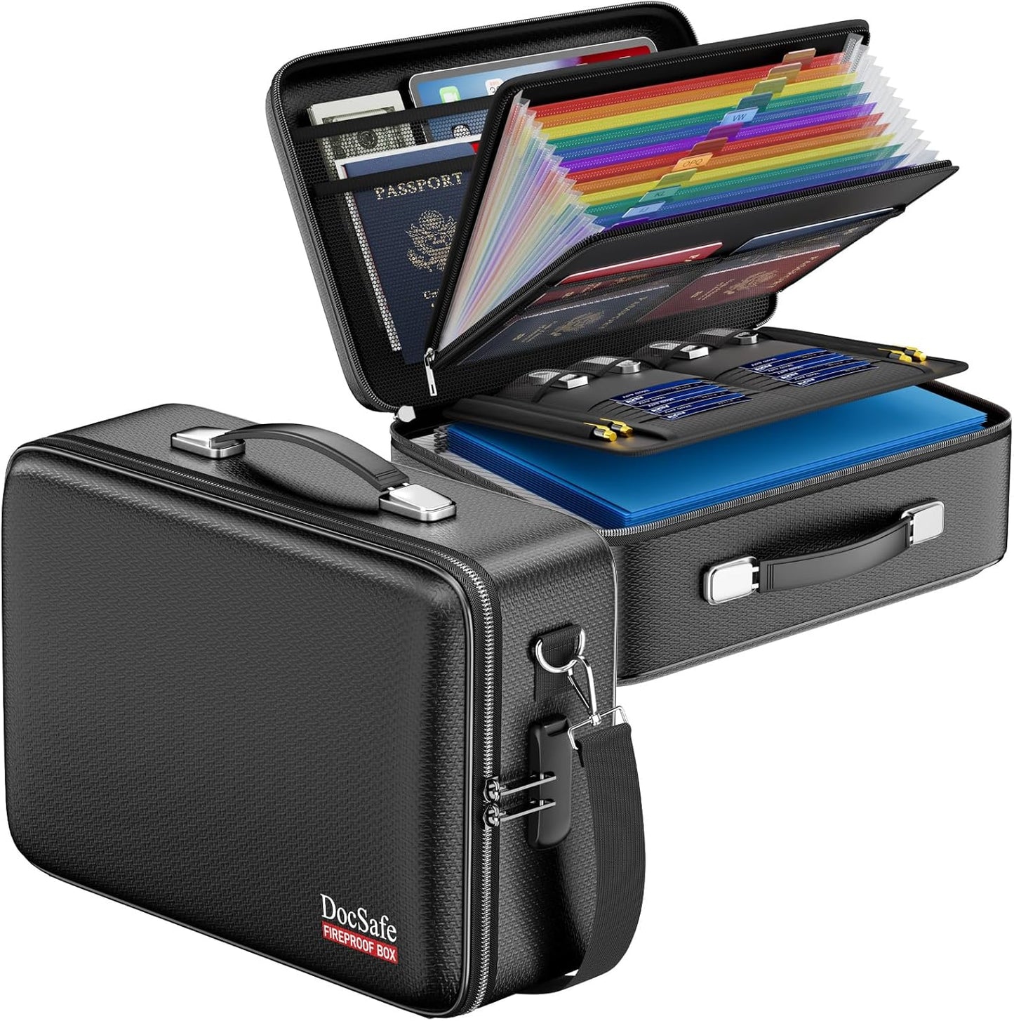 DocSafe Fireproof Document Box with Lock, Hard Case File Organizer with Accordion File Folder, Fireproof Water Resistant Safe Box Home Office Travel Storage for Important Documents Laptop Black