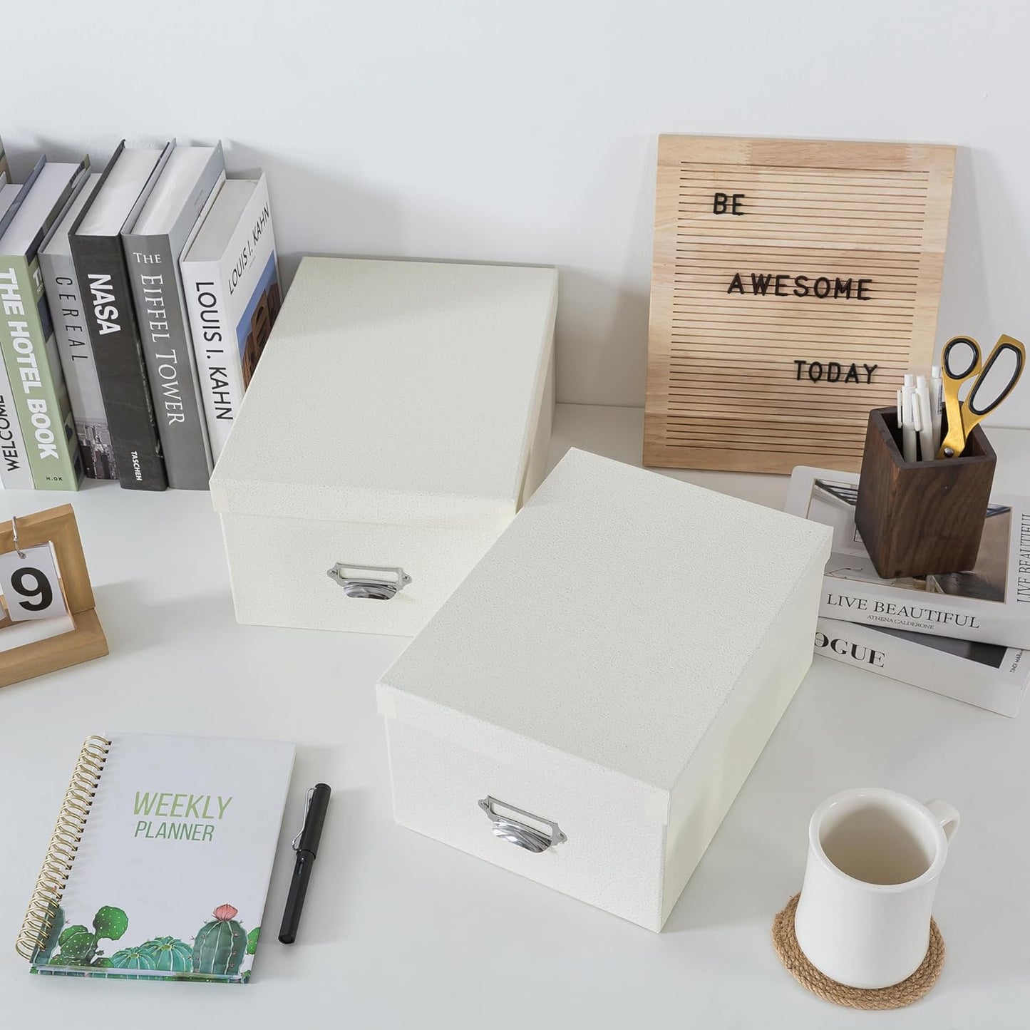 Soul & Lane Decorative Cardboard Storage Boxes with Lids, Set of 2 Stacking Keepsake Photo and Memory Boxes for Home & Office, Paperboard Organizers with Label Holders and Drawer Pulls, Cream White
