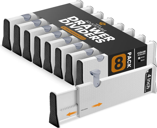 RAPTUROUS 4" Tall Drawer Dividers, 8-Pack, 11-17" Long, Expandable & Adjustable, Strong & Sturdy Non-Slip Dividers for Dresser, Closet, Kitchen, Nursery, and Office (White)