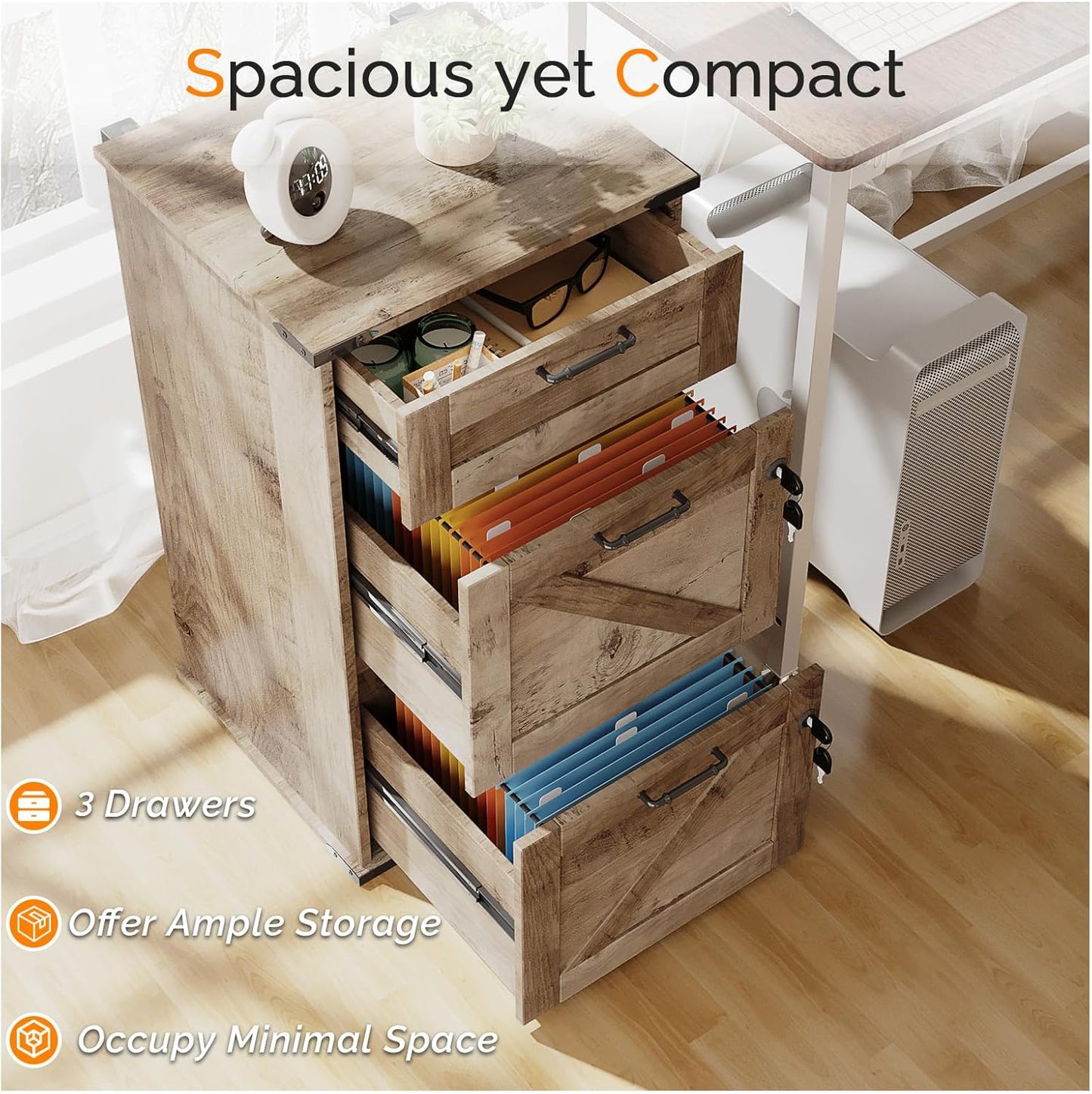 VINGLI 3 Drawer File Cabinet with Lock, Home Office Filing Organizer, for Letter Size File Folder Storage, Modern Farmhouse Style, Wood Vertical Filing Cabinet, Archivador (Rustic Gray)