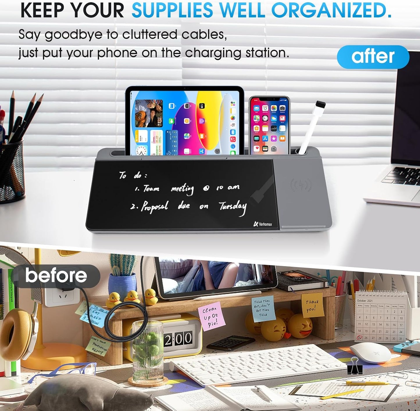 Varhomax Glass Desk Whiteboard with Wireless Charger, Desktop Organizer Dry Erase White Board with Storage, to Do List Memo Notepad for Home Office and School Supplies (Gray & Black)