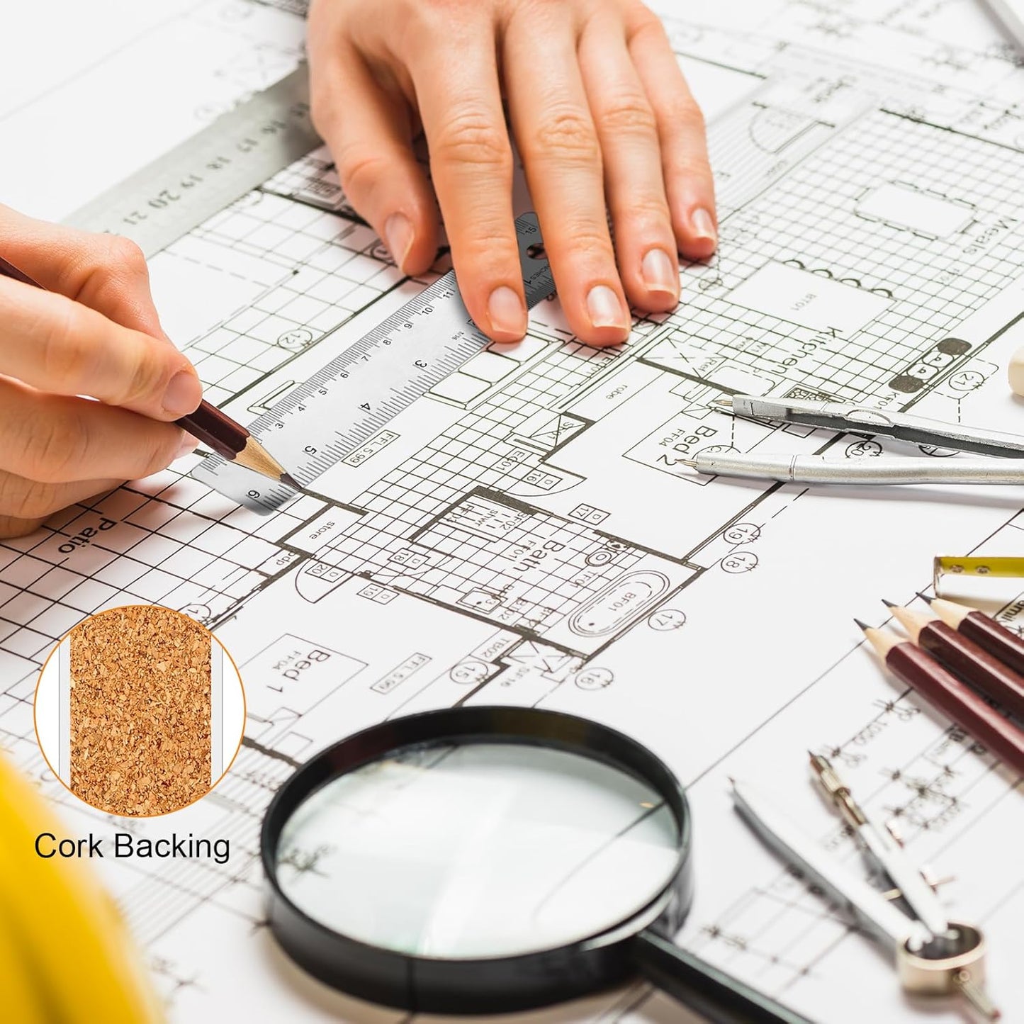 3 Pcs Stainless Steel Ruler 6 Inch Metal Ruler Straight Edge Rulers Non Slip Cork Backed Rulers with Inch and Metric Graduations for School Office Engineering Drawing(6 Inch)