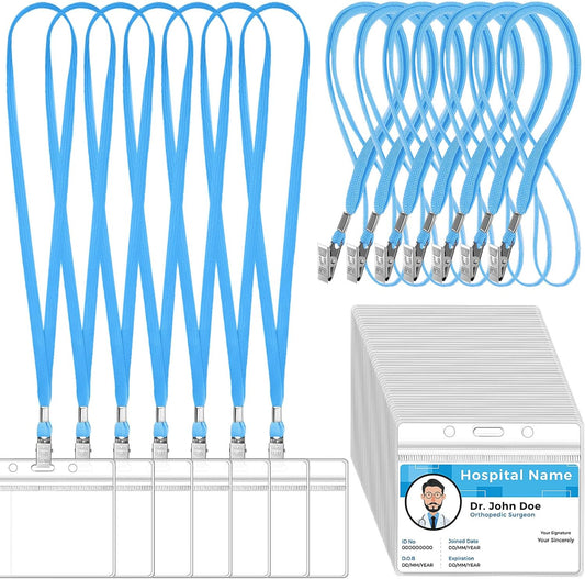 Marspark 50 Sets Clear Name Tags with Lanyard, Lanyards for ID Badges Reusable Strap with ID Holder Plastic Name Badges for Adults Business School Church Conference (Lake Blue)