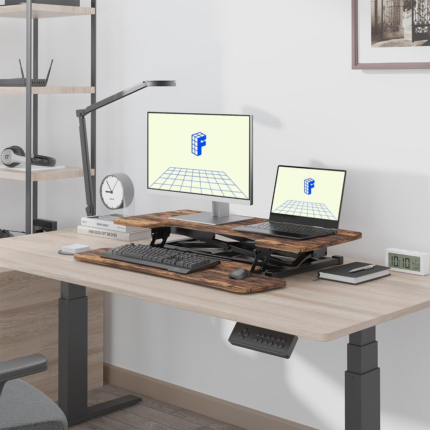 FLEXISPOT 35" Height Adjustable Standing Desk Converter Sit-to-Stand Desk Riser with Wide Keyboard Tray Workstation for Home and Office, Rustic Color