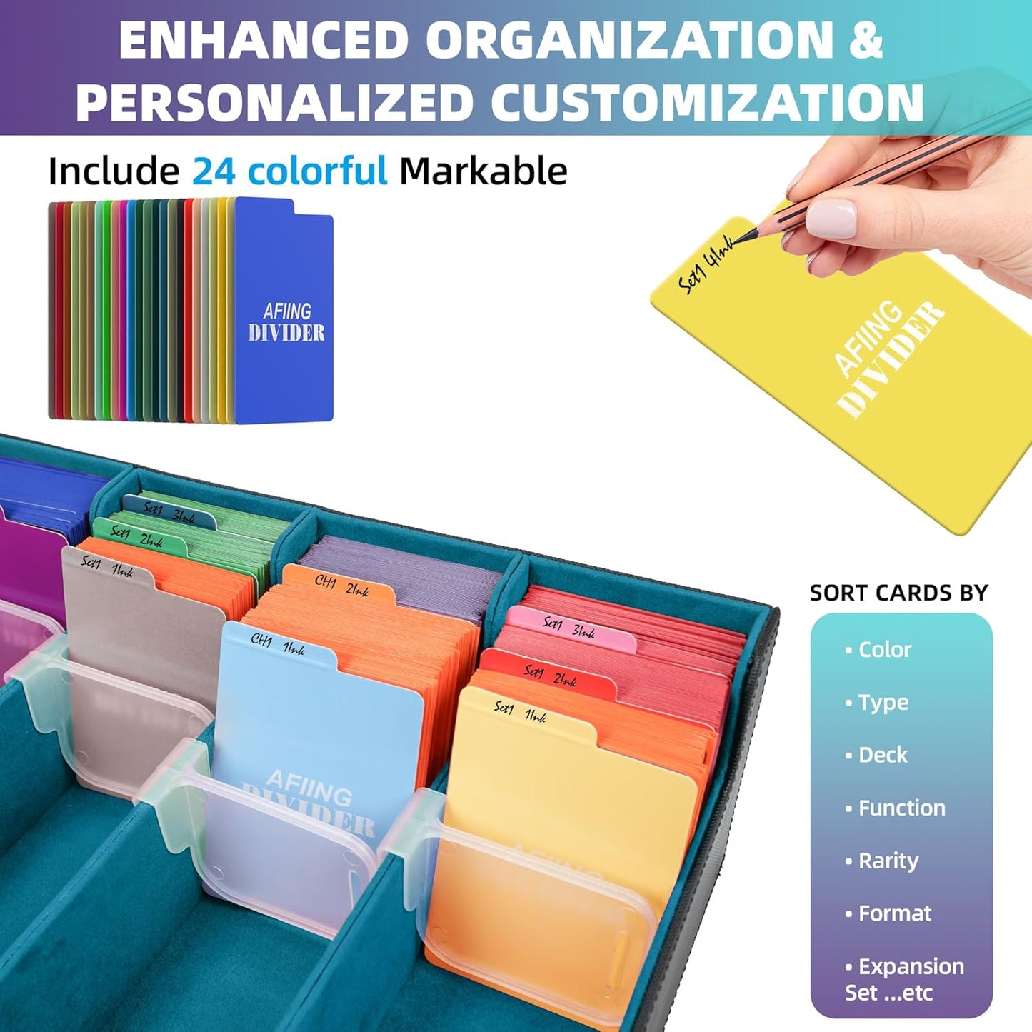 AFIING Trading Card Storage Box 6000+ Capacity – DIY Toploader Case w/ 24 Dividers & 8 Supports, Fits 3x4 Rigid Card,Deck Box for MTG TCG Sports Cards– Black & Cyan