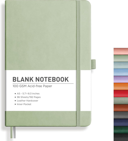 RETTACY Blank Journal Notebook, 192 Pages, A5 Medium Size (5.7'' x 8.3''), Leather Hardcover, 100 GSM Thick Paper, for Sketching, Drawing, Painting (Light Green)