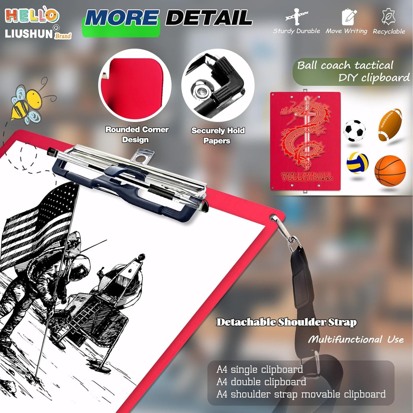 Aluminum Metal Clipboard with Detachable Adjustable Shoulder Strap A4 Double Clip Board Stainless Hangable w/Pen Holder Letter 9" x 12.6" for School Office Business Factory (Red-with Strap, A4)