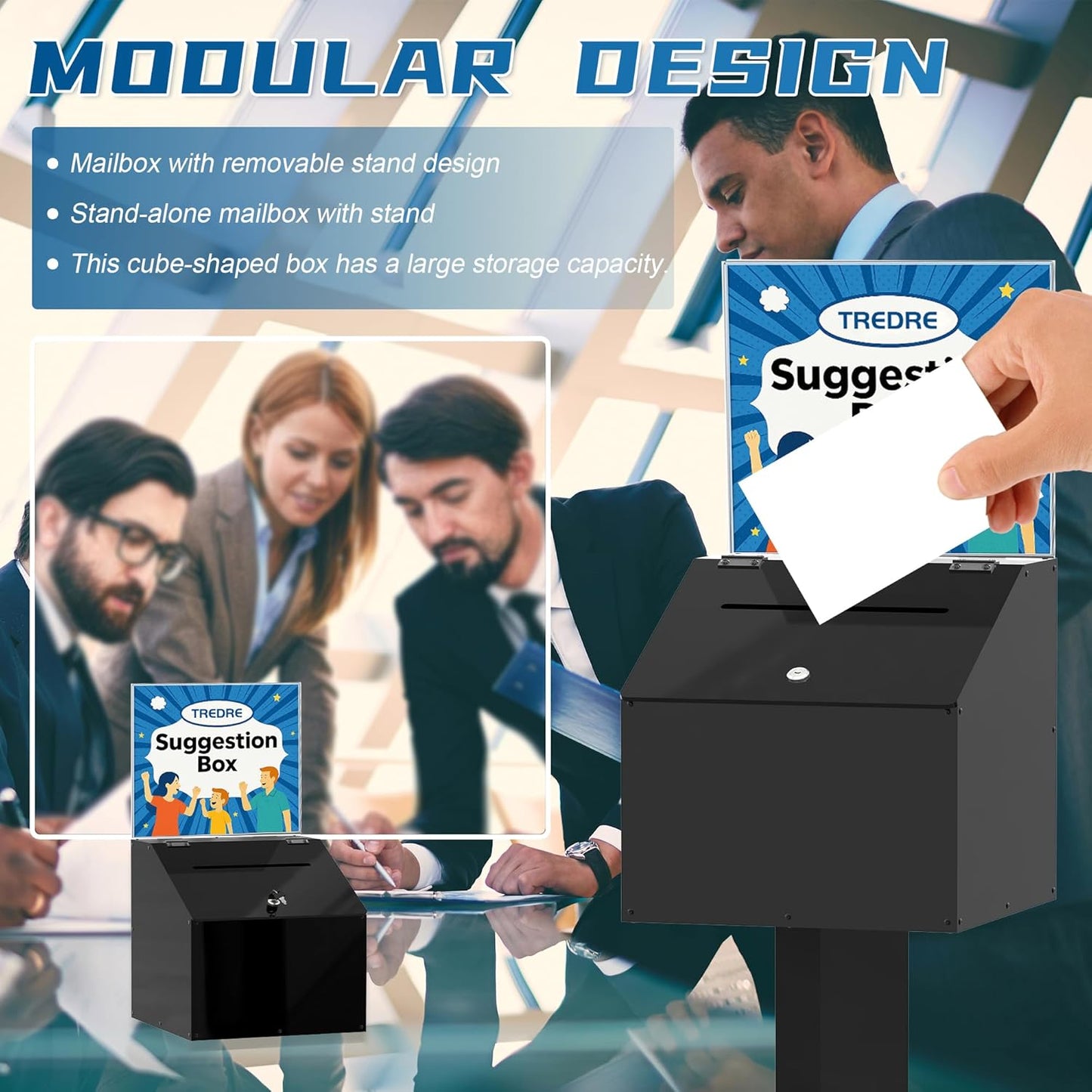 MOOFI Acrylic Suggestion Box with Lock and Key for Office, Home, Event Donation with Stand for Charity Church Collection Offering/Raffle Ballot Box with Sign Holder Display Stand (WithSignHolder)