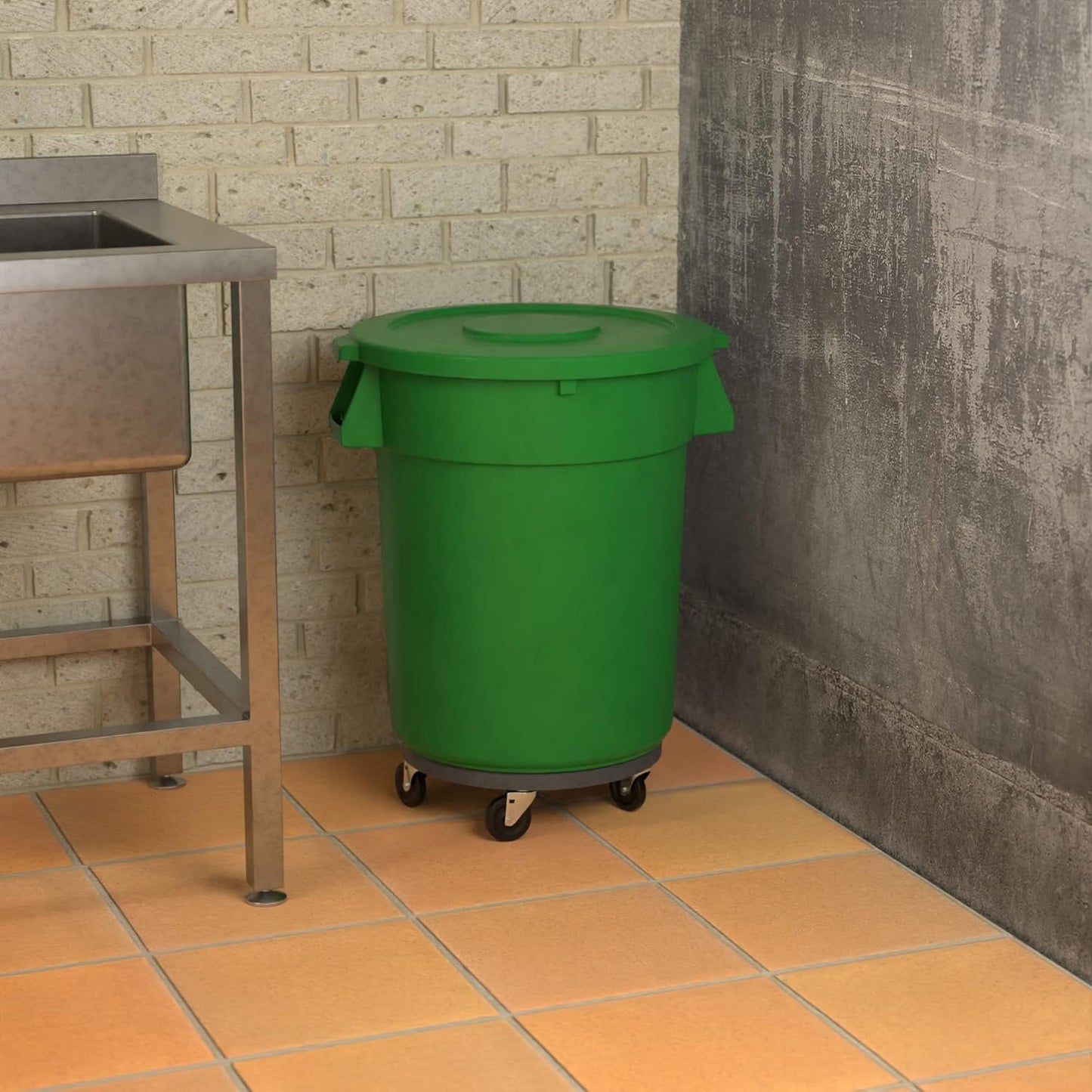 32 Gallon Green Round Commercial Trash Can with Lid and Dolly