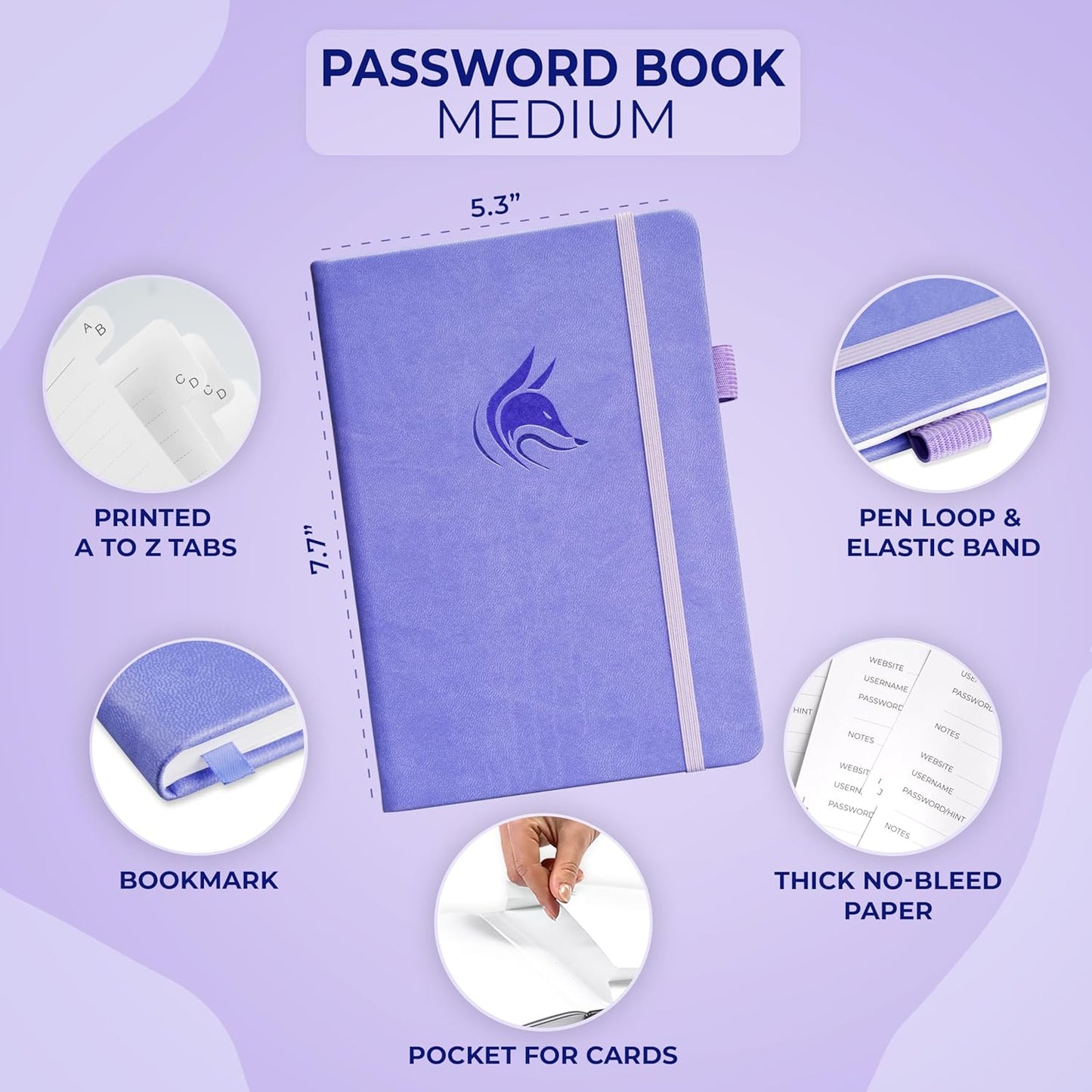 Clever Fox Password Book with alphabetical tabs. Internet Address Organizer Logbook. Medium Password Keeper for Website Logins (Lavender)