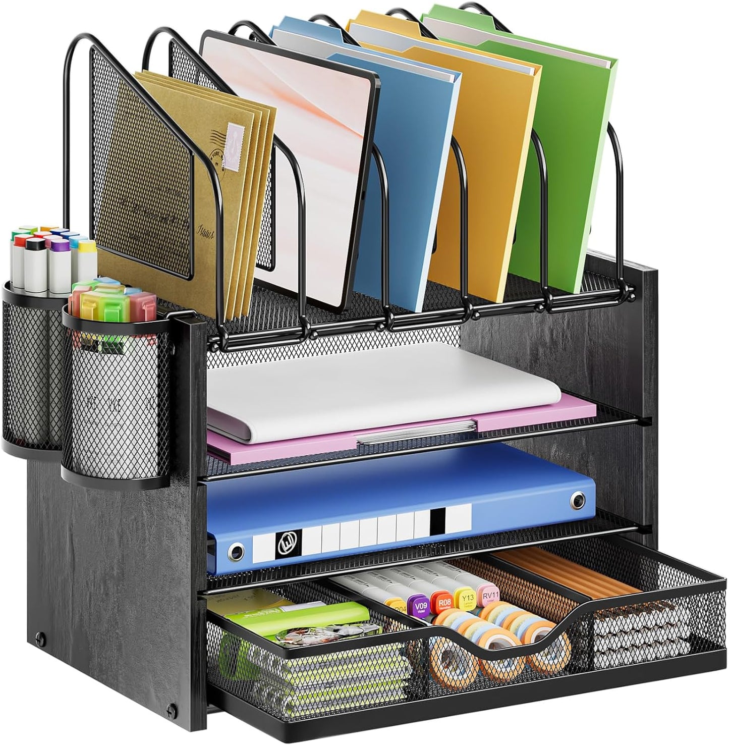 Marbrasse Desk organizer with Drawer, 4-Tier Wooden File Organizer with 5 Vertical File Holders and 2 Pen Holders, Desk Organizers and Accessories for Home Office - Black