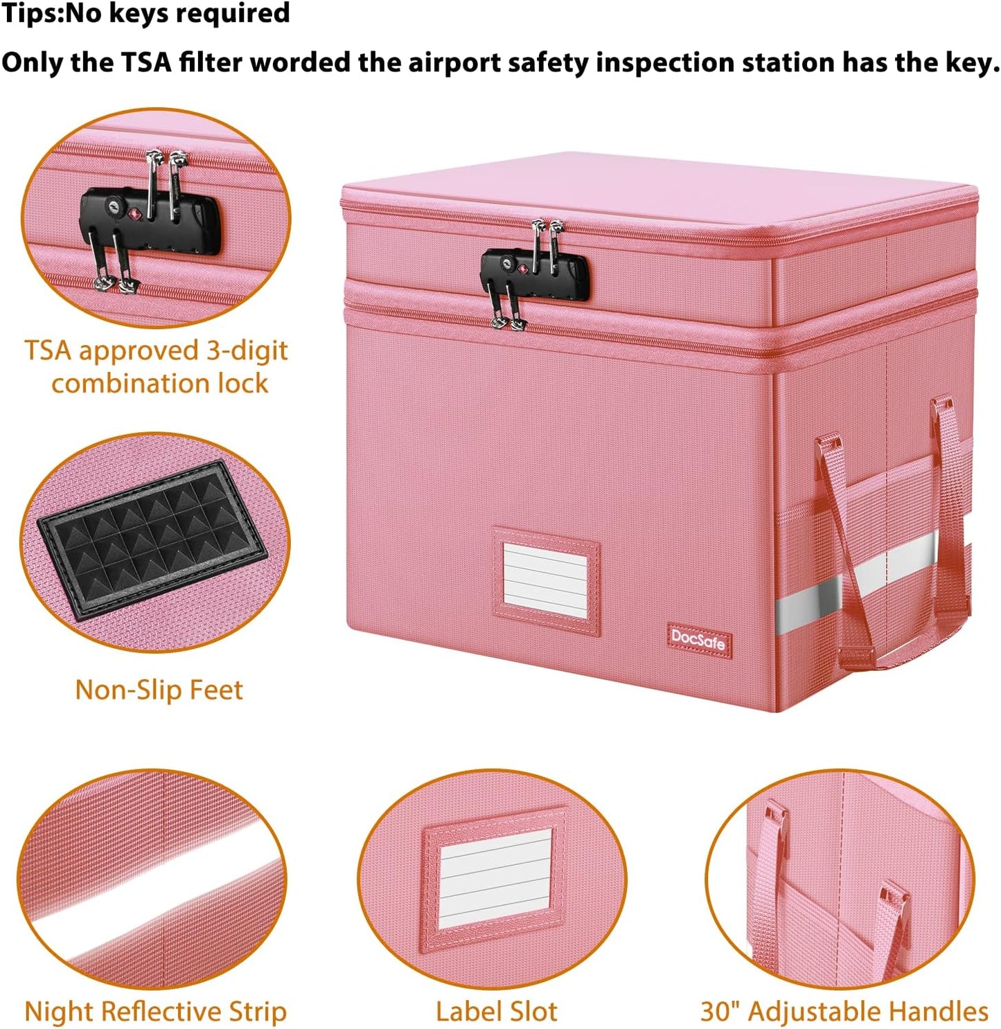 DocSafe File Box with Lock,Multi-Layer Fireproof Document Box Collapsible File Storage Organizer with Pockets/Handle,Large Portable Home Office Filing Safe for Hanging Letter/Legal Size Folders,Pink