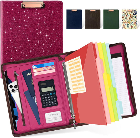 Ospelelf Zipper Clipboard with Storage, Leather Padfolio Portfolio Folder, 3 Ring Binder Dividers with Tabs, 12.1” Tablet Sleeve, Refillable Notepad, Card Slot (Rose Red)