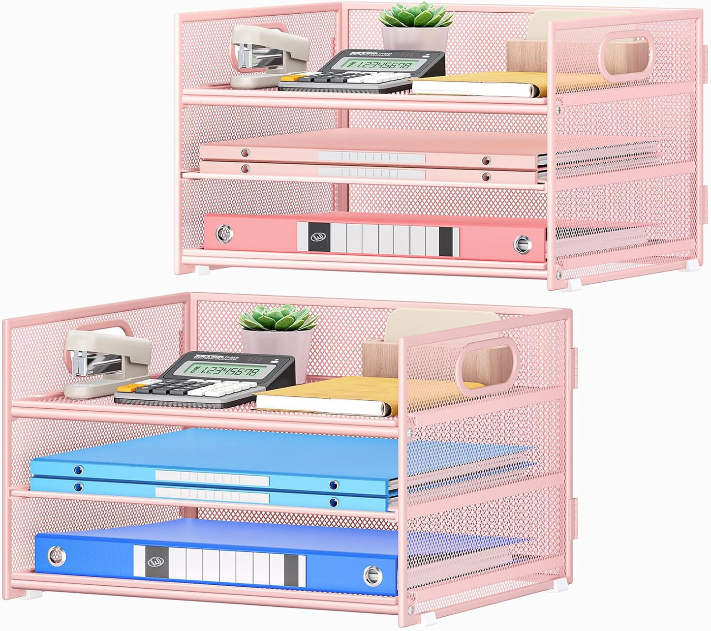 Subekyu 2-Pack 3-Tier Pink Metal Mesh Desk Paper Letter Tray & File Sorter Organizer with Handle + 1 Sliding Tray for Desk, Home, Office, School Supplies, A4 Paper and Accessories Storage
