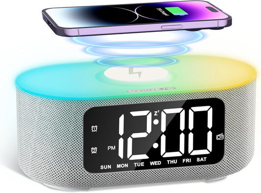 JALL Fabric Alarm Clock for Bedroom, with Big Led Screen Display, Bluetooth Stereo Sound Speaker, FM Radio, Fast Wireless Charging, USB Charging Port, Nightlight, White Noise, Ideal for Gift, Gray