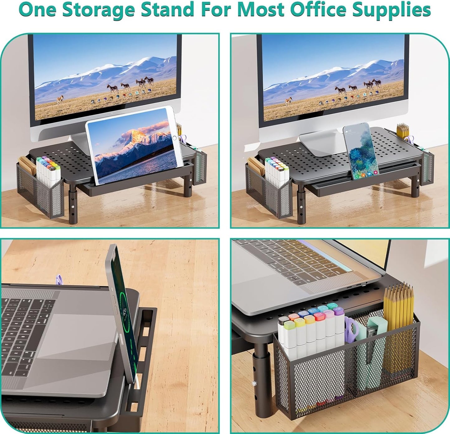 WALI Dual Monitor Stand with Storage, Desk Organizer with Drawer and Pen Holder, Desk Monitor Riser 3 Height Adjustable, Laptop Riser for Computer, Laptop, Printer (STT003DH-2B), 2 Pack, Black