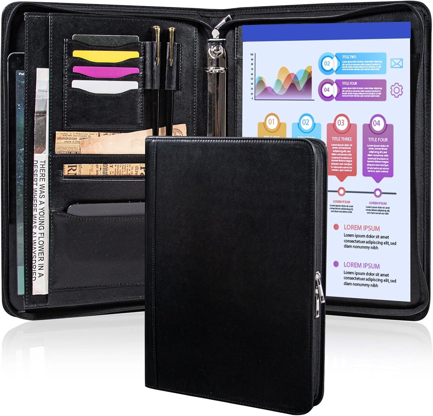 Calfinder 3 Ring Portfolio Binder,PU Leather Padtfolio Binder with Zipper,Padfolios for Women&Men,Professional Business Portfolio Organizer for Resume/Interview, A4 Letter Document Organizer