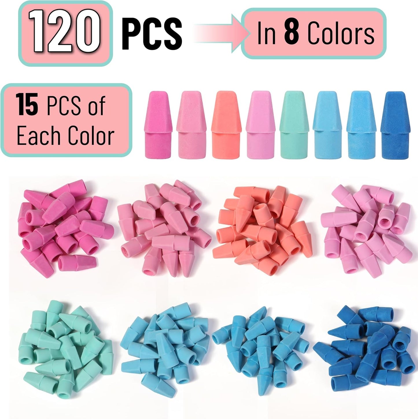 Mr. Pen- Pencil Erasers Toppers, 120 Pack, Colorful, Latex Free, No Smudge, Mr Pen Erasers for Pencils