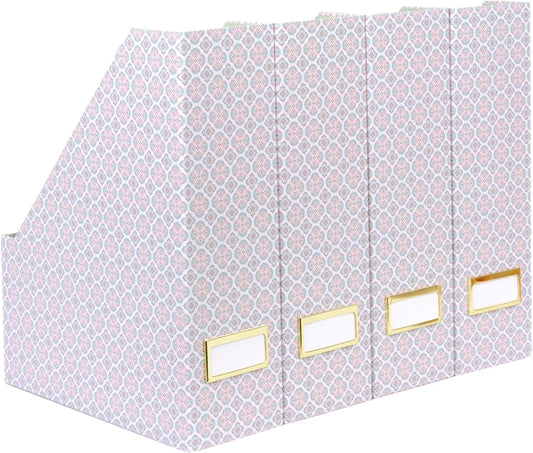 BLU MONACO Foldable Magazine File Holder Set of 4 with Moroccan Tile Design – Decorative Cardboard Magazine Organizer for Home, Office & Dorm Room – Stylish Magazine Storage Solution