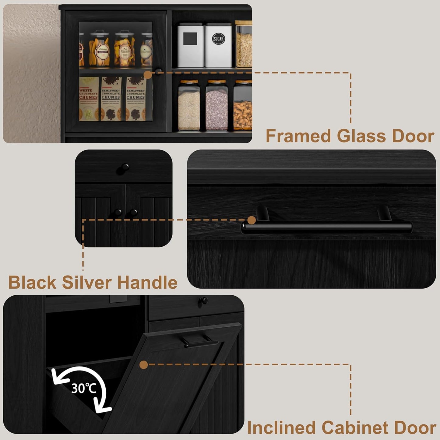 OLD CAPTAIN Tilt Out Trash Cabinet with Deodorising Function, Kitchen Hutch with Microwave Shelf and Drawer, Kitchen Pantry with Trash Cabinet for 10 Gallons, Black