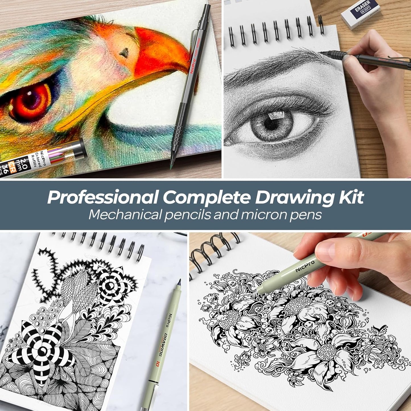 Nicpro 58PCS Art Drawing Supplies Kit in Leather Case, MP1000 Black Metal Mechanical Pencil Set with Drafting Pencil 0.5, 0.7, 0.9 & 2mm, 12 Micron Pen, Sketch Book, 30 Tube Lead Refills for Sketching