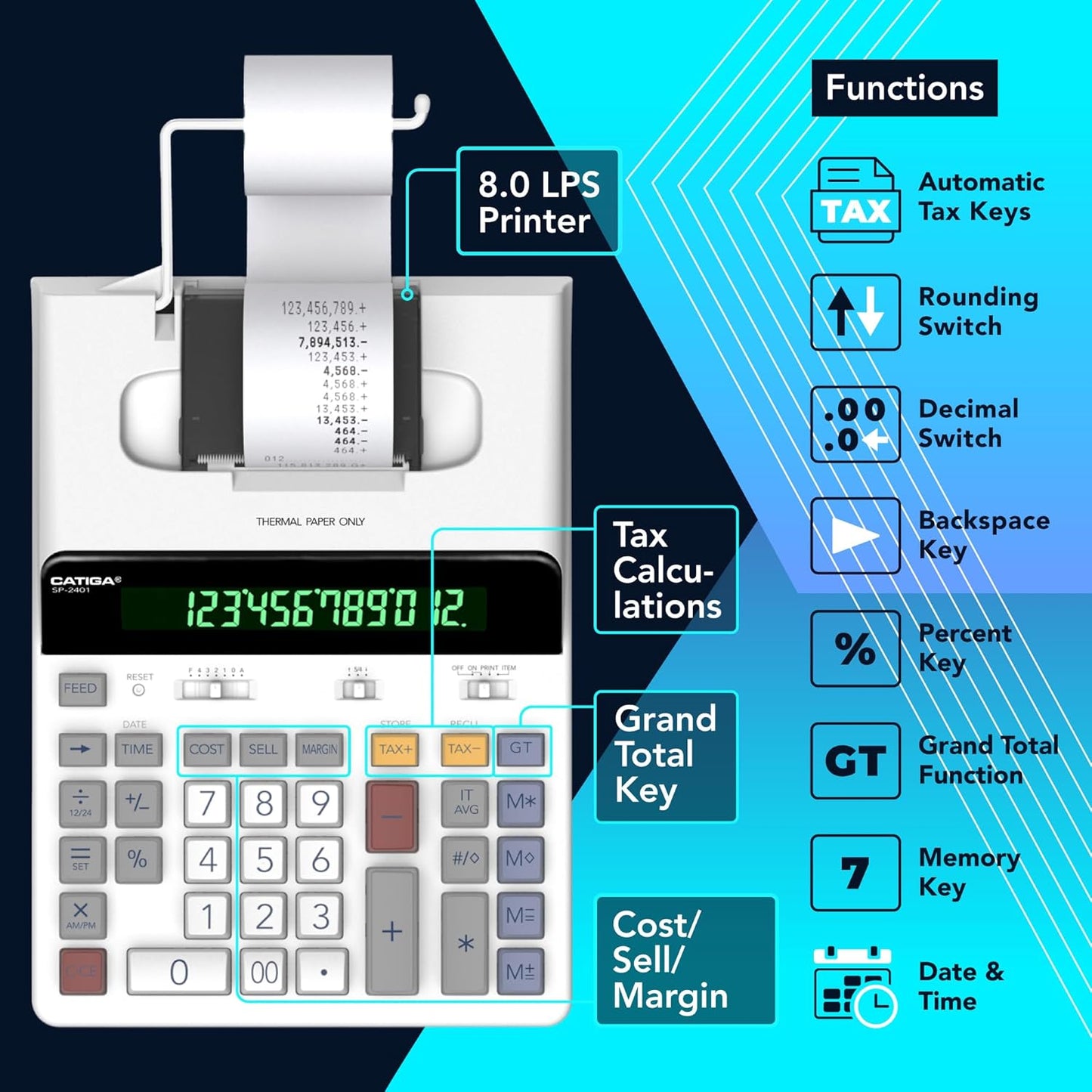 CATIGA 12 Digit Thermal Printing Calculator with Tape Print Out, Ink-Free Adding Machine, 3X Faster Quite at 8.0 LPS, Extra Large Fluorescent Display, Tax Calculation with Clock and Calendar, SP-2401